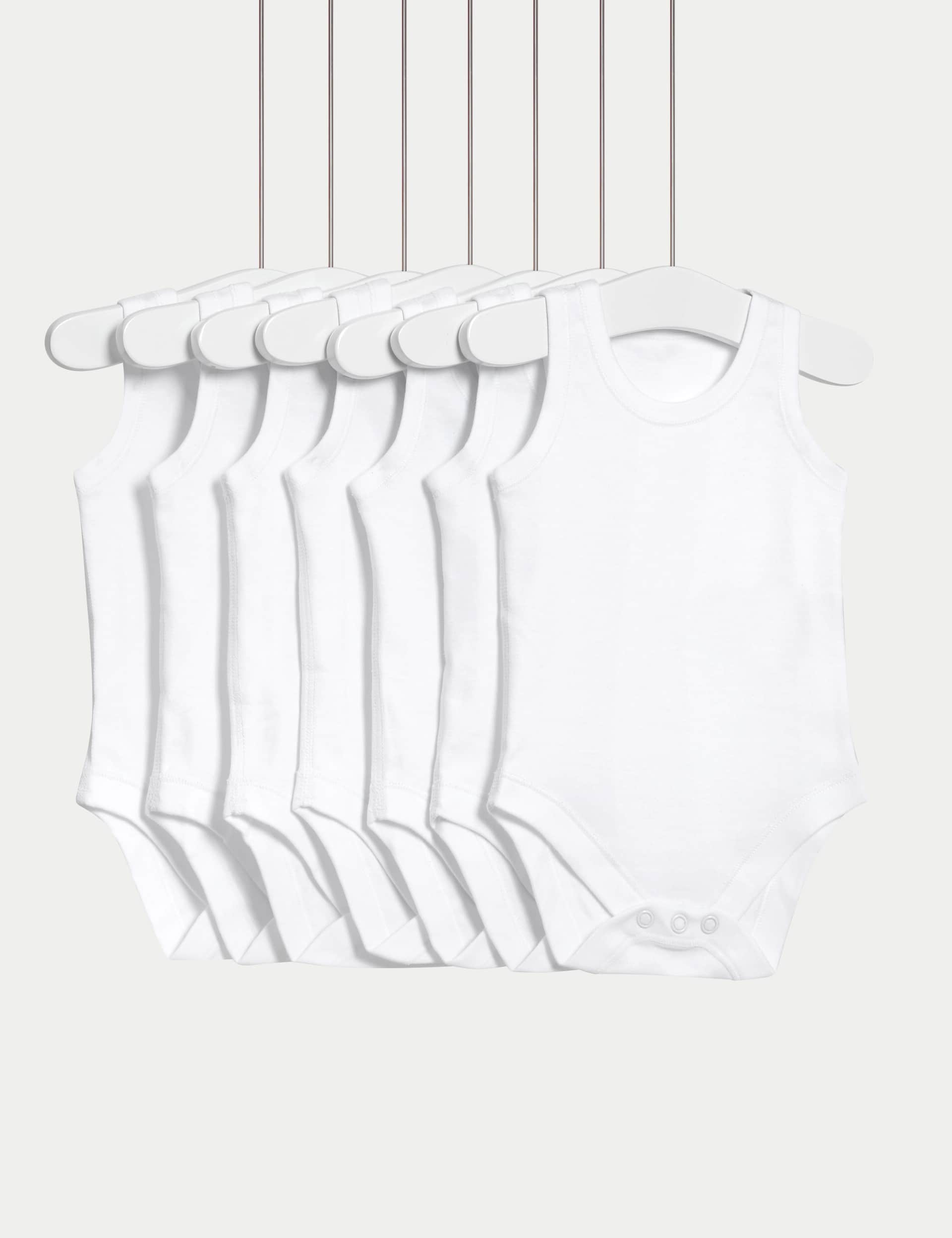 M&S 7pk Pure Cotton Sleeveless Bodysuits (5lbs-3 Yrs) - 2-3Y - White, White