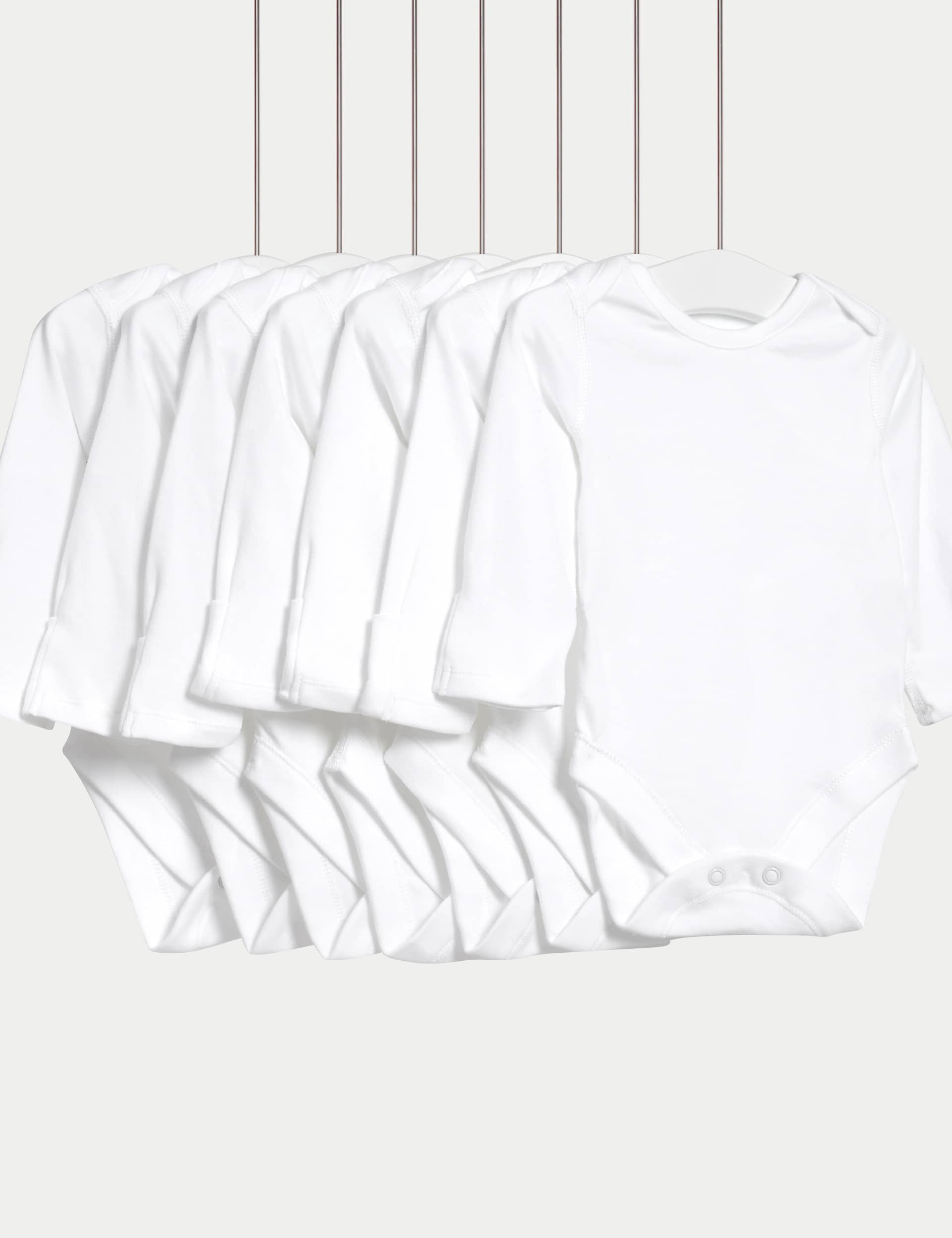 M&S 7pk Pure Cotton Long Sleeve Bodysuits (5lbs-3 Yrs) - 12-18 - White, White