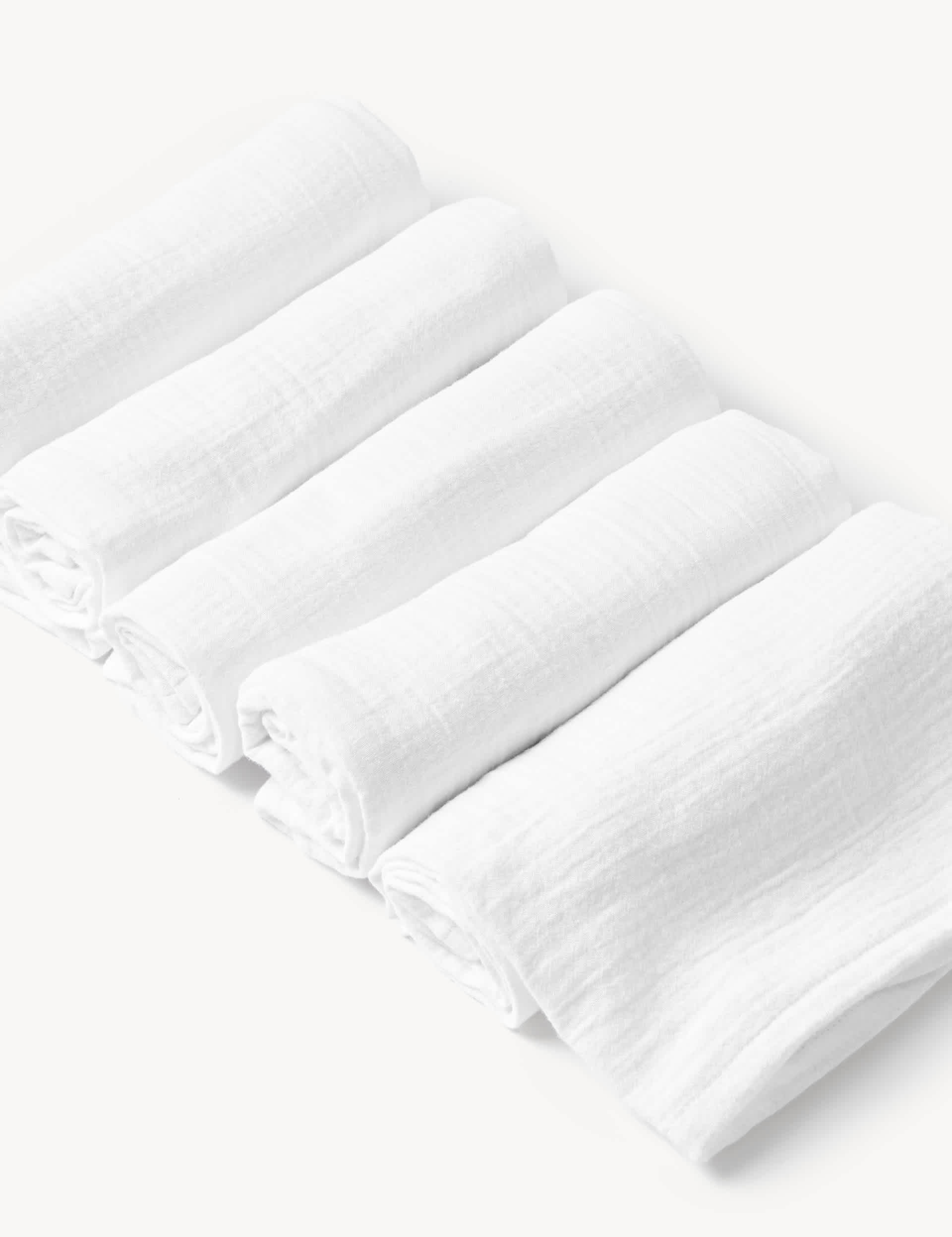 M&S 5pk Pure Cotton Muslin Squares - White, White