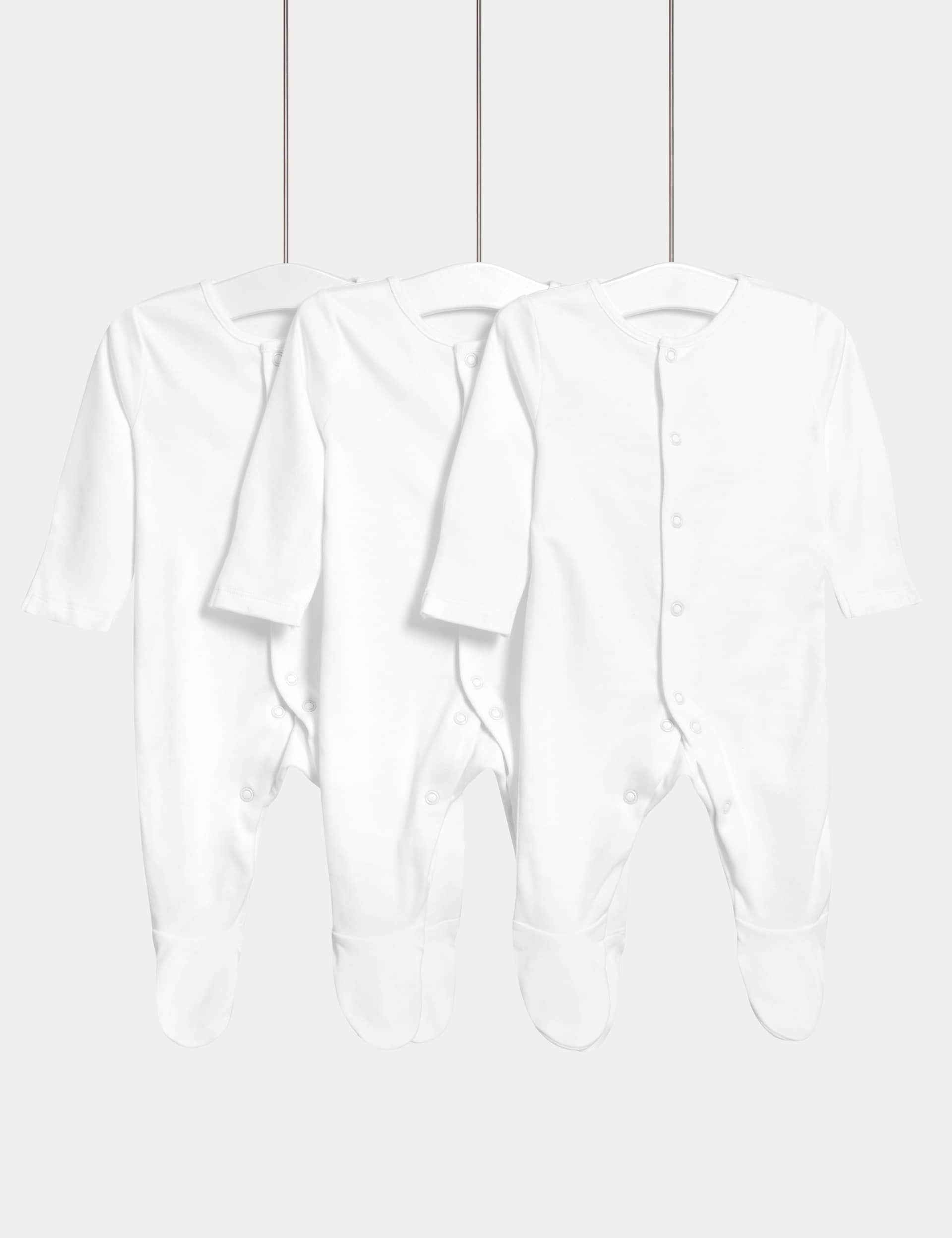 M&S 3pk Pure Cotton Sleepsuits (5lbs-3 Yrs) - 0-3 M - White, White