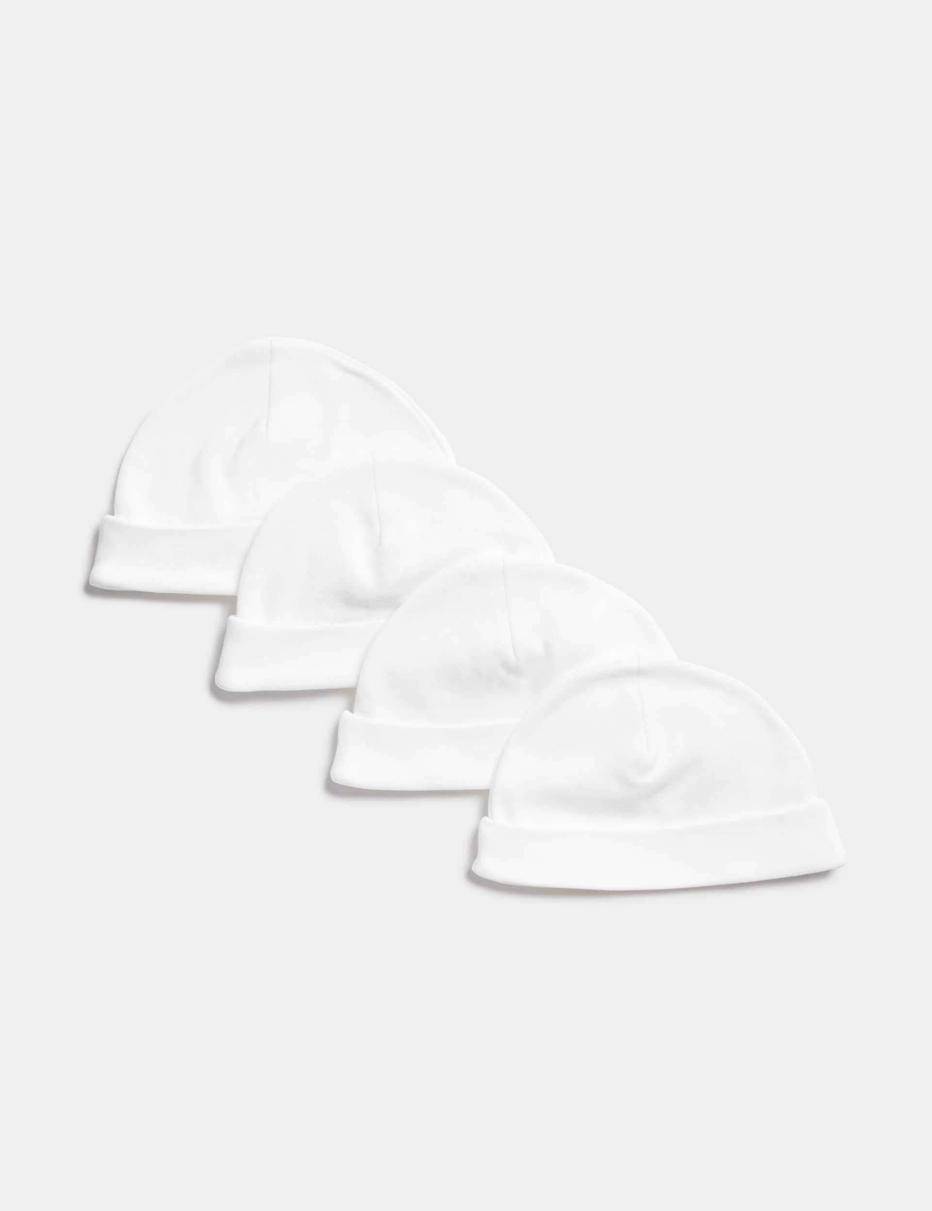 M&S 4pk Pure Cotton Hats (0-1 Yrs) - 1 M - White, White