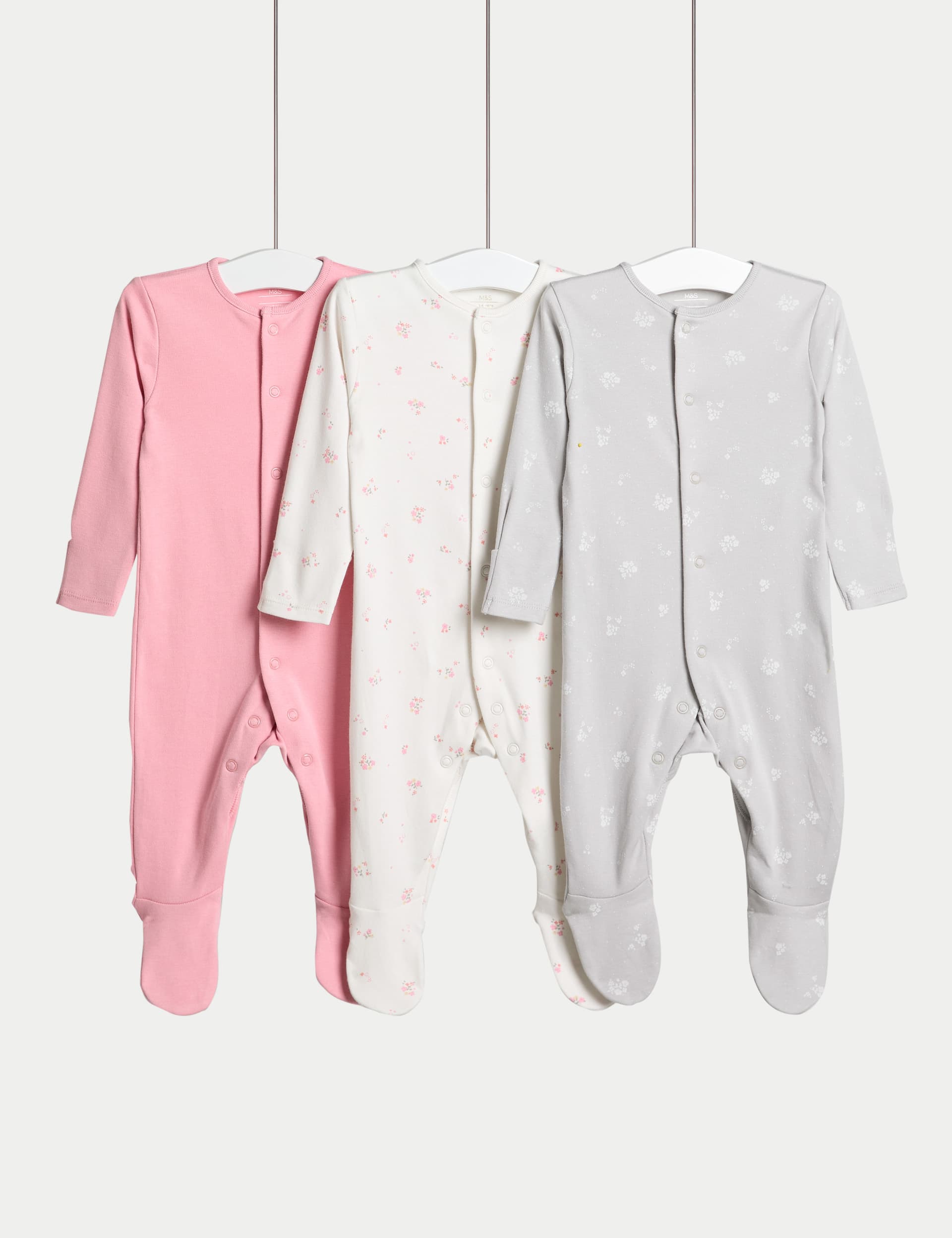 M&S Collection Girls 3pk Pure Cotton Sleepsuits (5lbs-3 Yrs) - 0-3 M - Pink Mix, Pink Mix