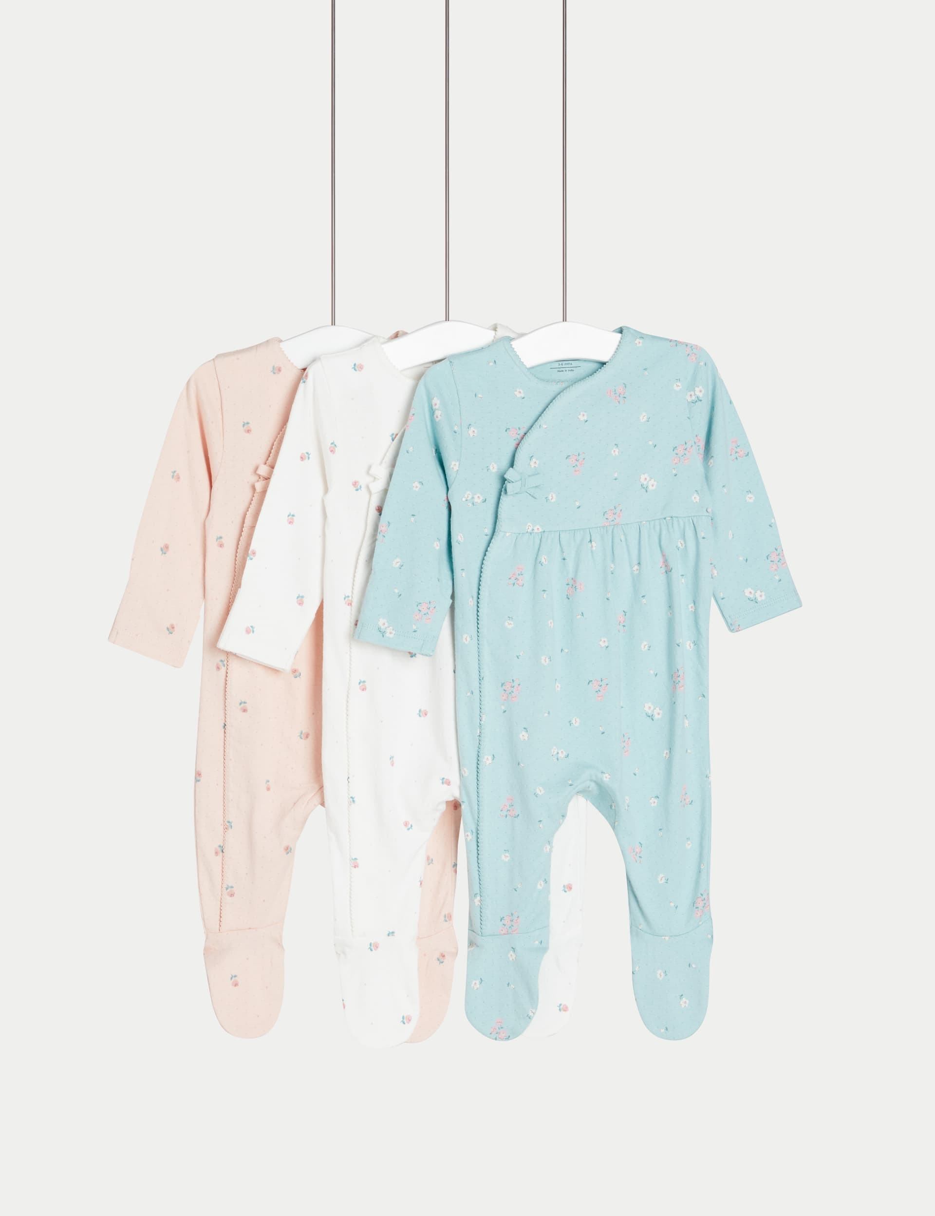 M&S Girls 3pk Pure Cotton Floral Sleepsuits (6lbs-3 Yrs) - 0-3 M - Pink Mix, Pink Mix