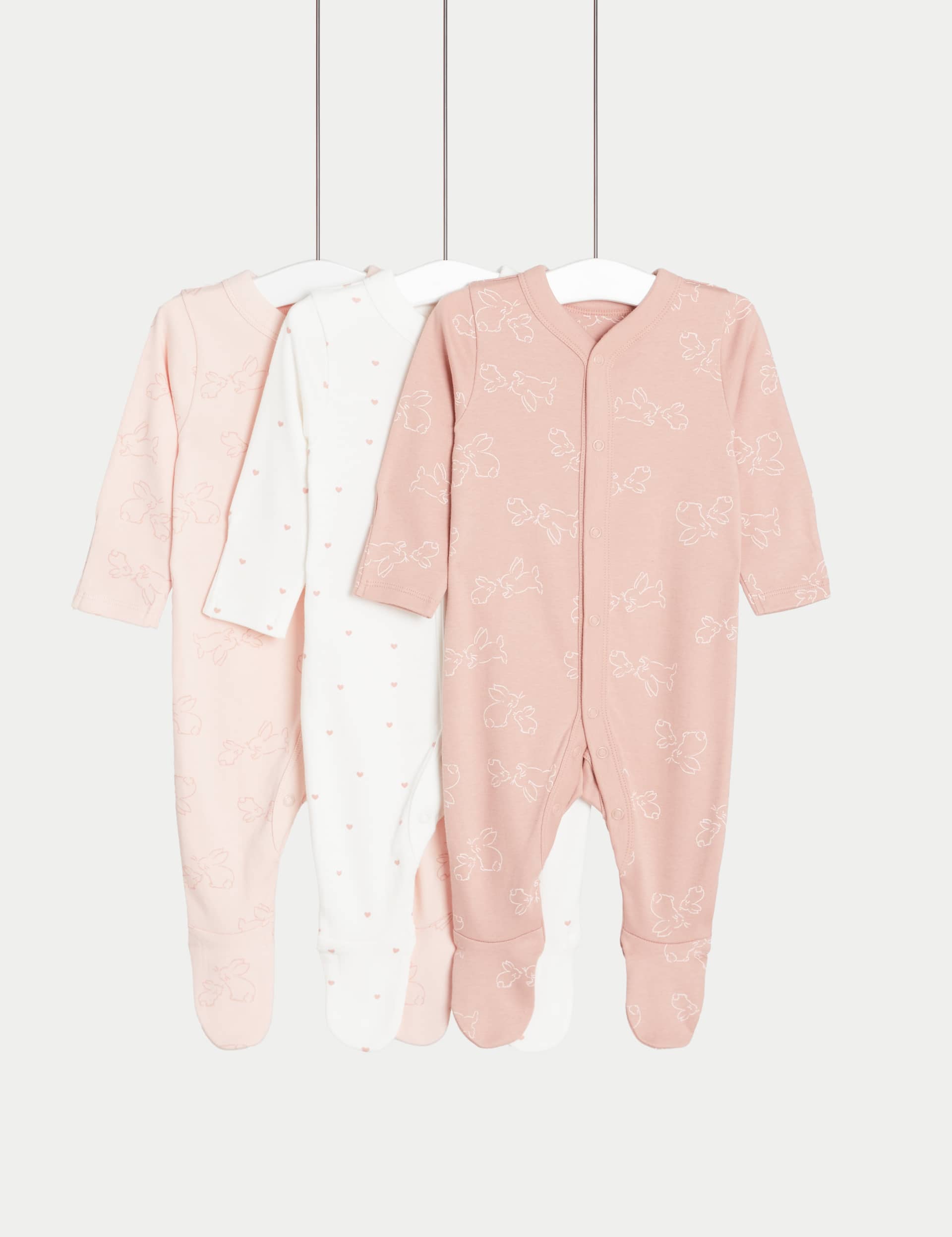 M&S Girls 3pk Pure Cotton Rabbit & Heart Sleepsuits (5lbs-3 Yrs) - 3-6 M - Pink Mix, Pink Mix