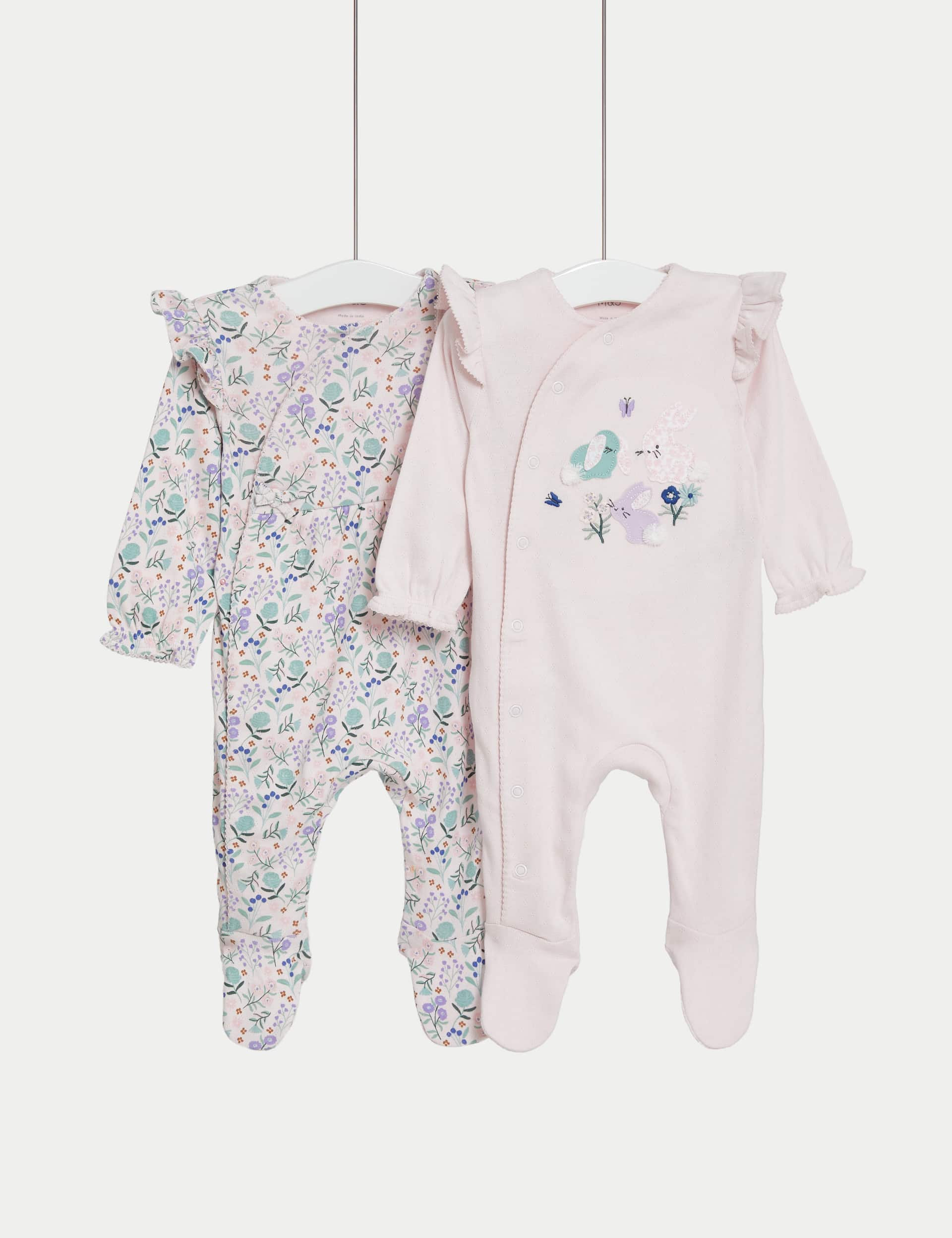 M&S Girls 2pk Pure Cotton Floral Sleepsuits (6lbs-3 Yrs) - 12-18 - Pink Mix, Pink Mix