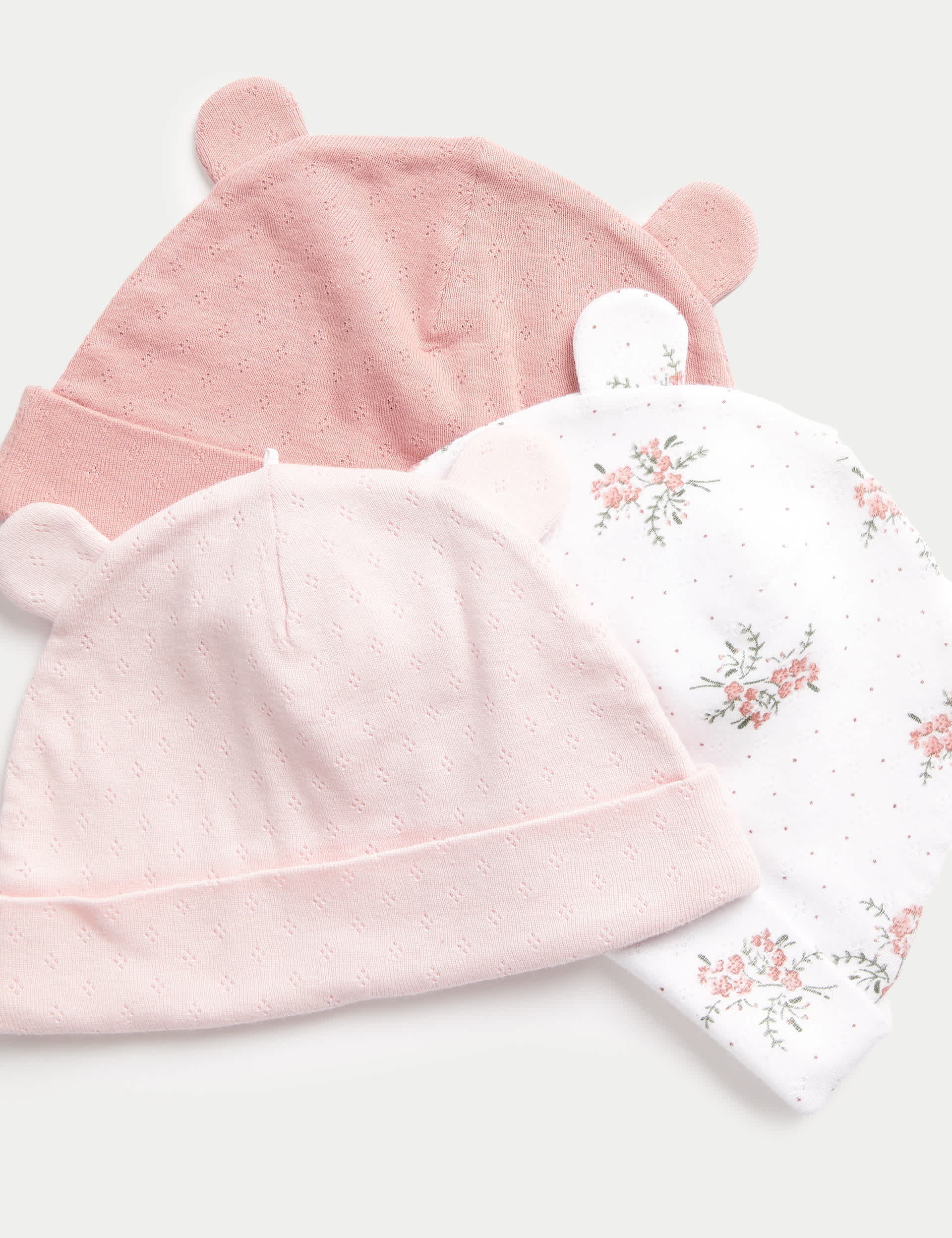 M&S Collection Girls 3pk Pure Cotton Floral Hats (0-1 Yrs) - 1 M - Pink Mix, Pink Mix