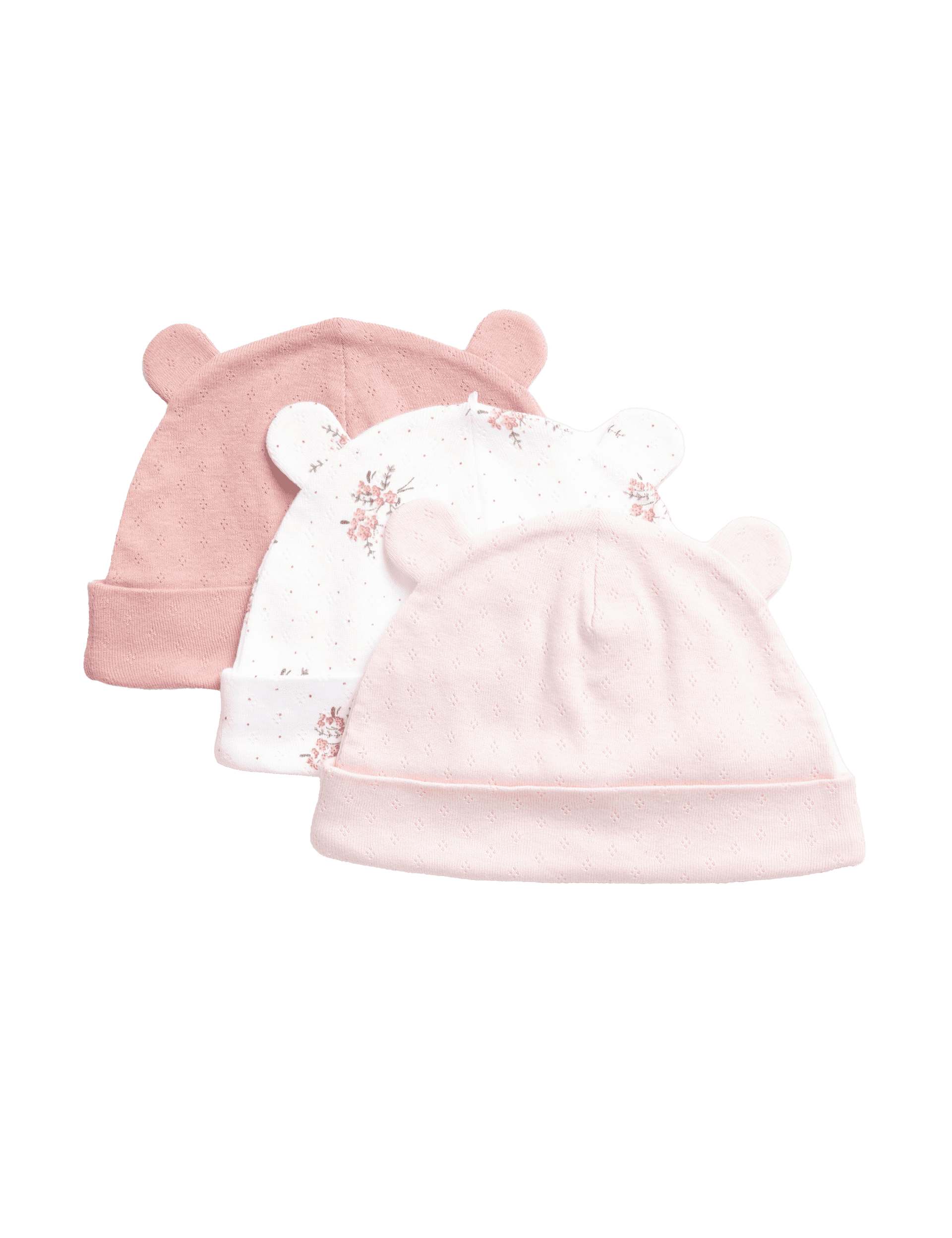 M&S Collection Girls 3pk Pure Cotton Floral Hats (0-1 Yrs) - 1 M - Pink Mix, Pink Mix