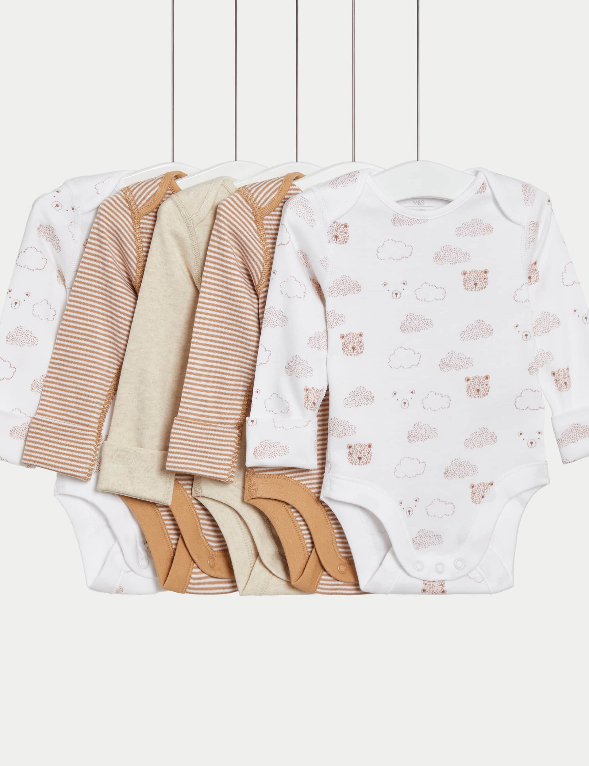 M&S Girls 5pk Pure Cotton Striped & Bear Bodysuits (6lbs-3 Yrs) - 3-6 M - Camel Mix, Camel Mix