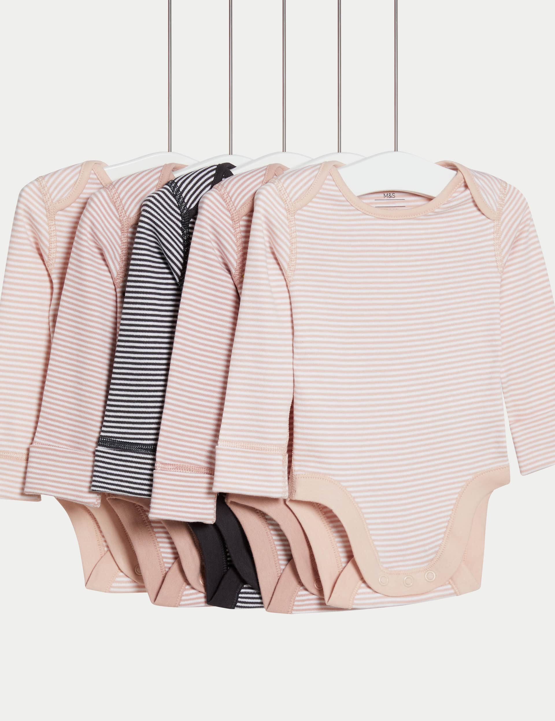 M&S Girls 5pk Pure Cotton Striped Bodysuits (6lbs-3 Yrs) - 3-6 M - Pink Mix, Pink Mix