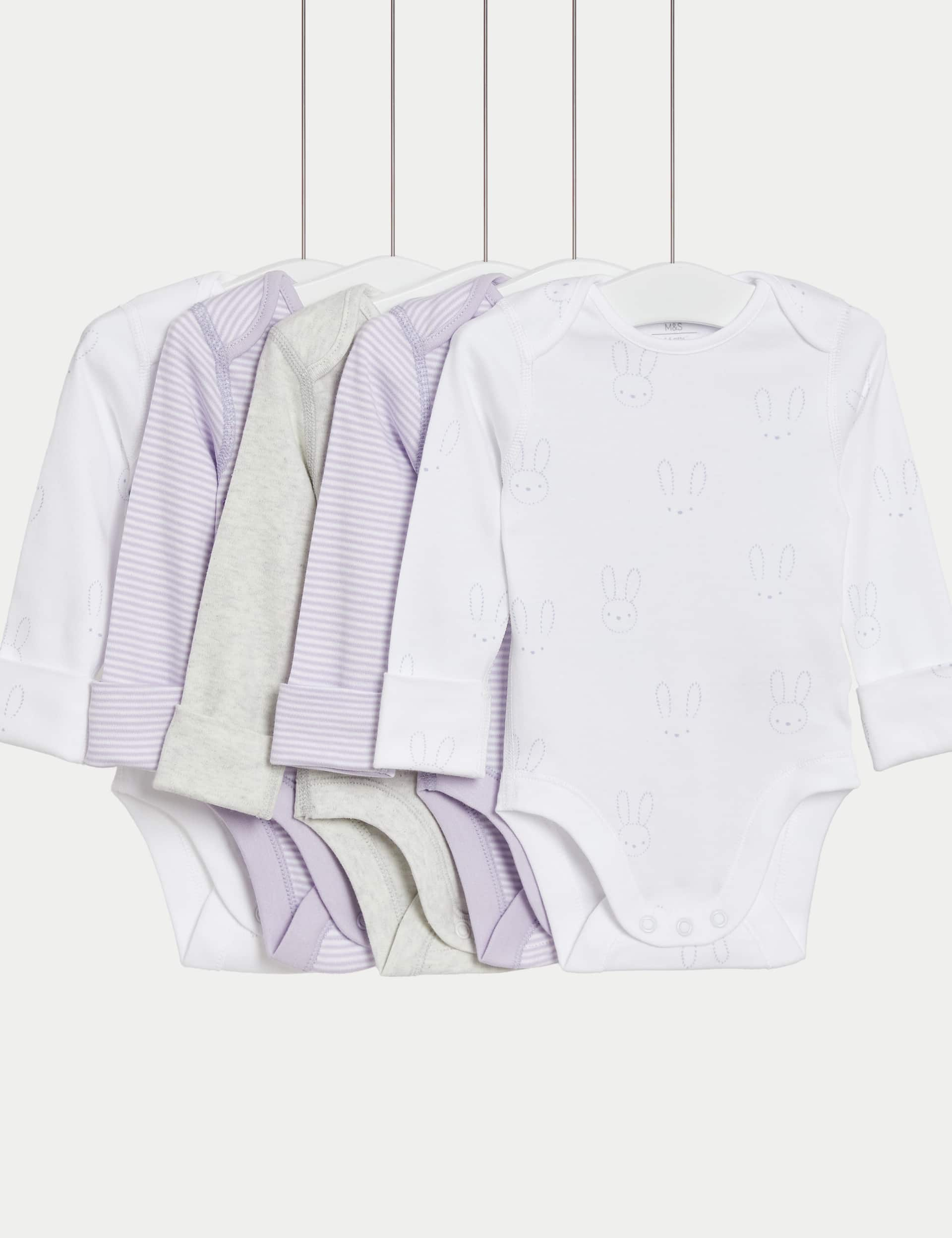 M&S Girls 5pk Pure Cotton Bodysuits (6lbs-3 Yrs) - 3-6 M - Purple Mix, Purple Mix