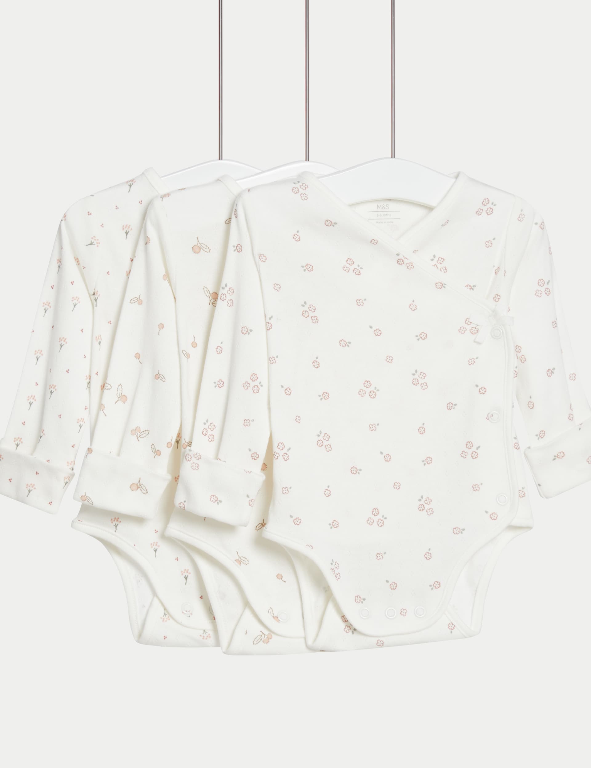 M&S Girls 3pk Pure Cotton Floral Bodysuits (6lbs-3 Yrs) - 3-6 M - Cream Mix, Cream Mix