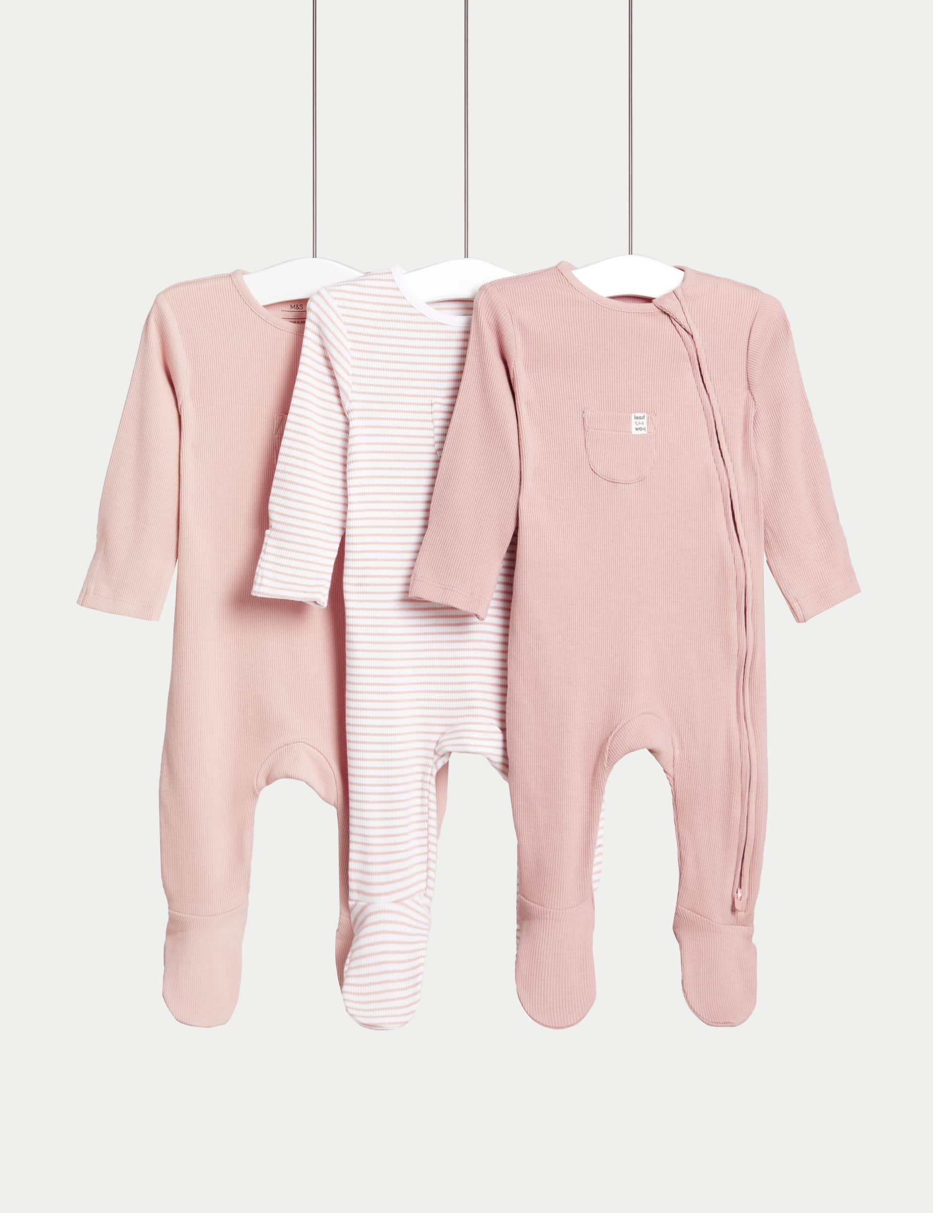 M&S Girls 3pk Cotton Rich Striped & Plain Sleepsuits (0-3 Yrs) - 3-6 M - Pink Mix, Pink Mix,Mid Grey