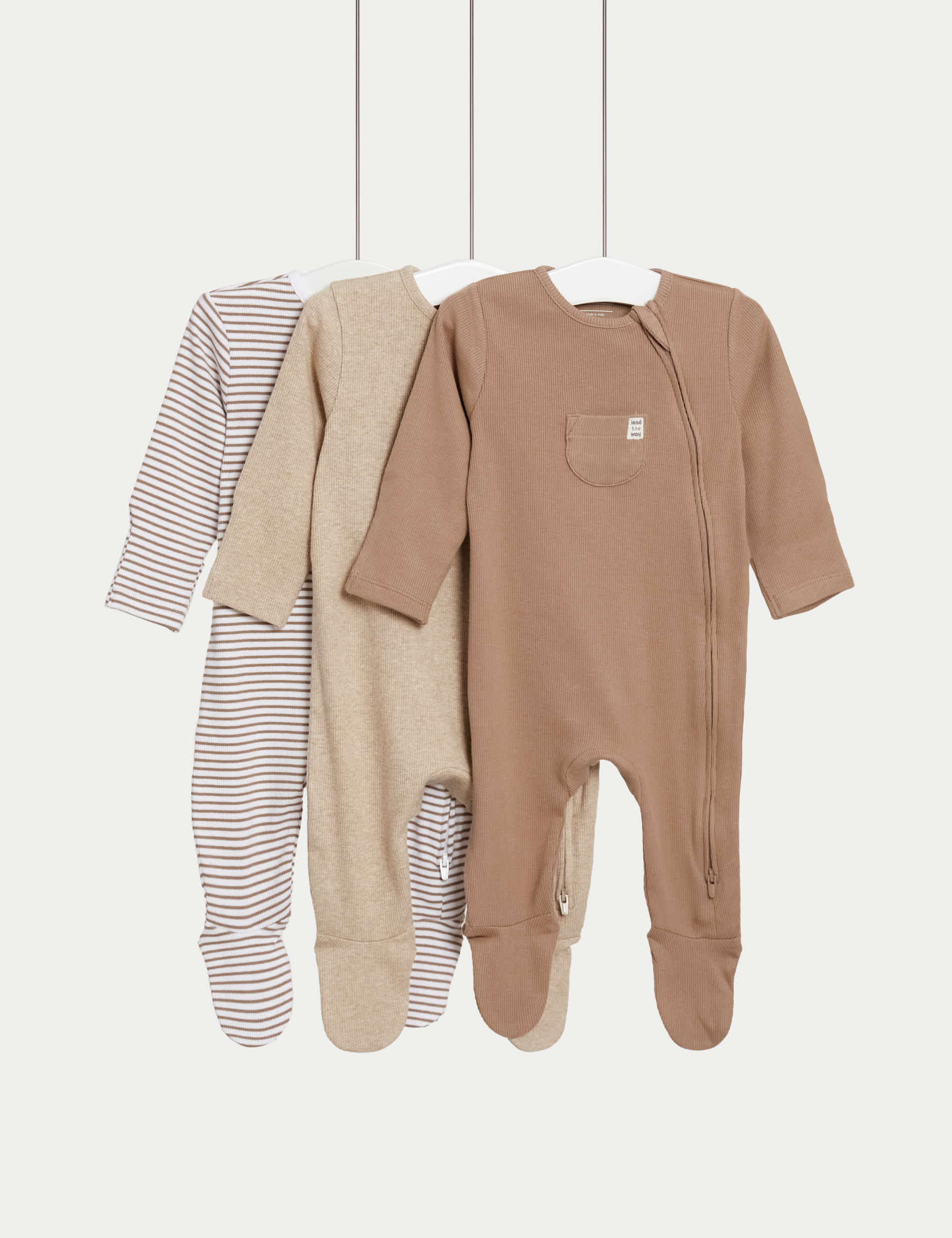 M&S Girls 3pk Cotton Rich Striped & Plain Sleepsuits (0-3 Yrs)