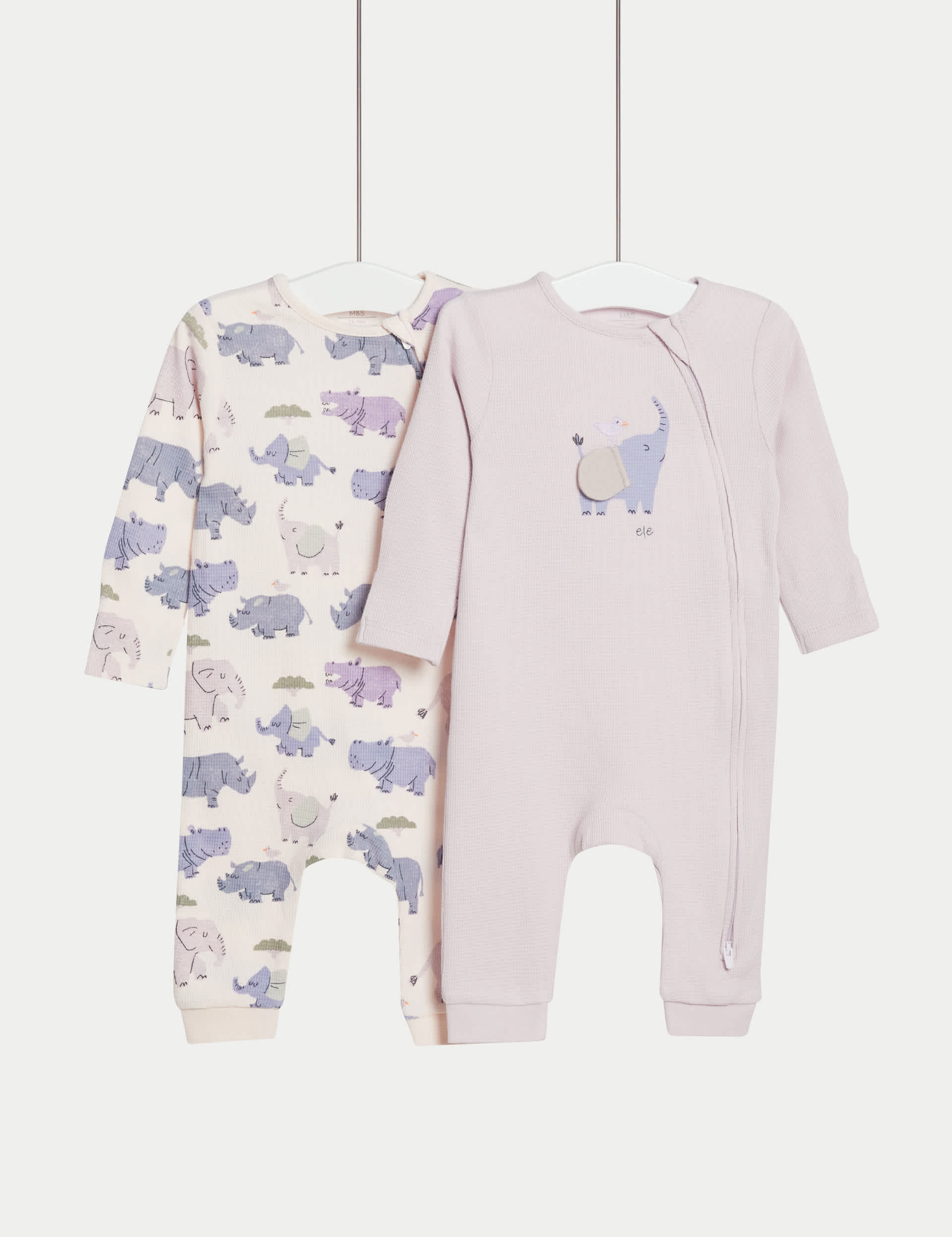 M&S 2pk Pure Cotton Elephant Sleepsuits (0-3 Yrs) - 0-3 M - Pale Blush, Pale Blush