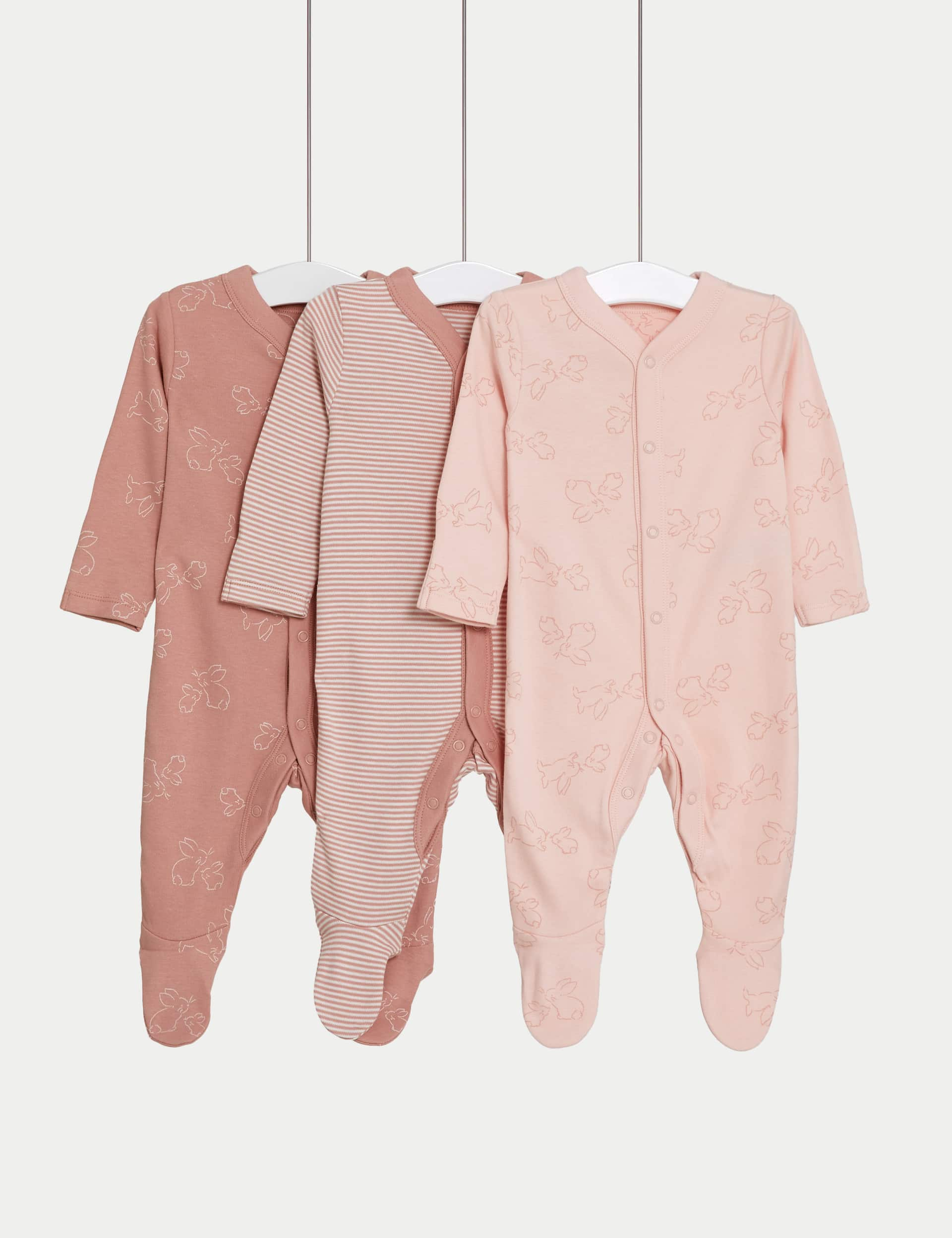 M&S Girls 3pk Pure Cotton Bunny & Striped Sleepsuits (5lbs-3 Yrs) - 2-3Y - Pink, Pink