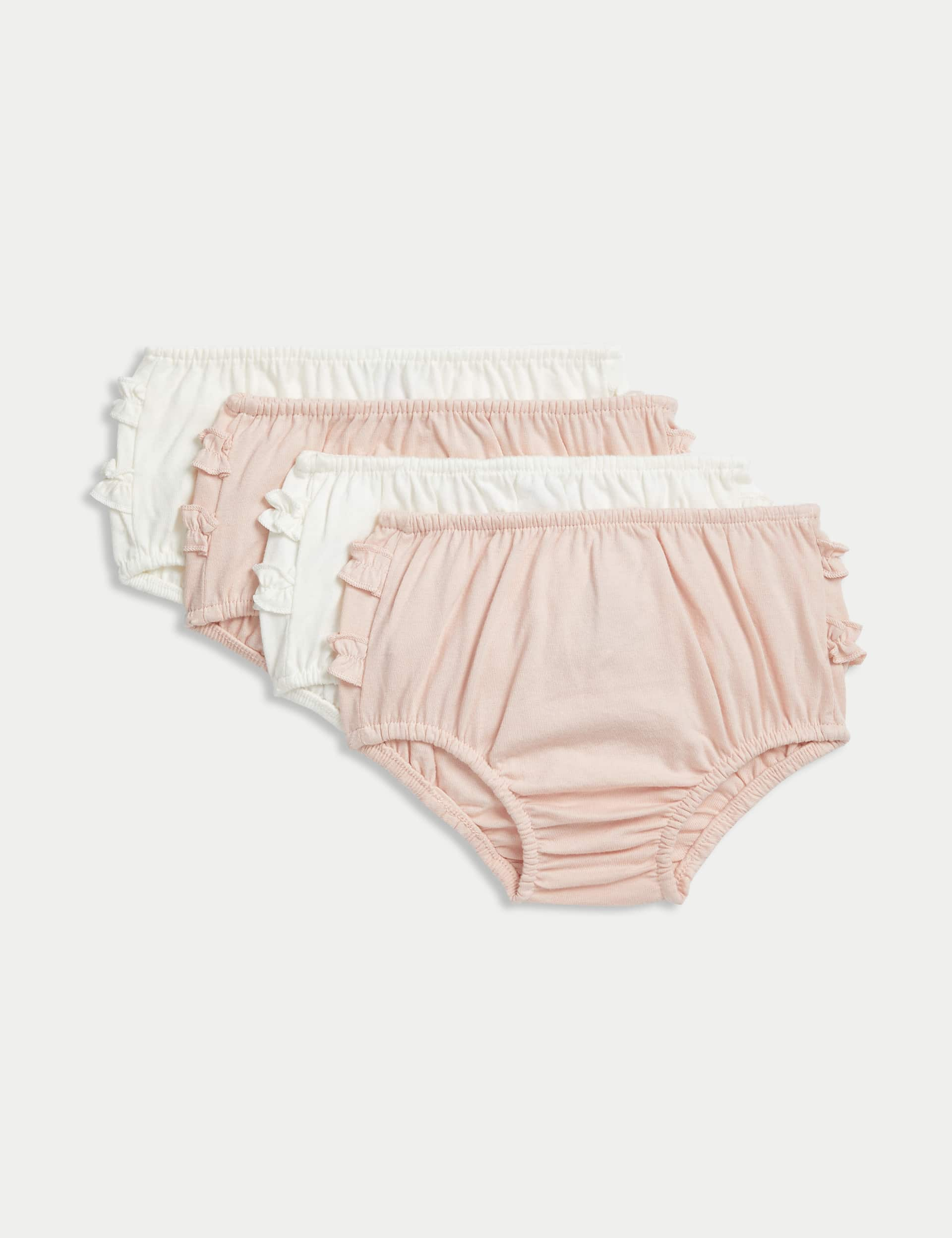 M&S Girls 4pk Pure Cotton Frilly Knickers (7lbs-3 Yrs) - 1 M - Pink/White, Pink/White