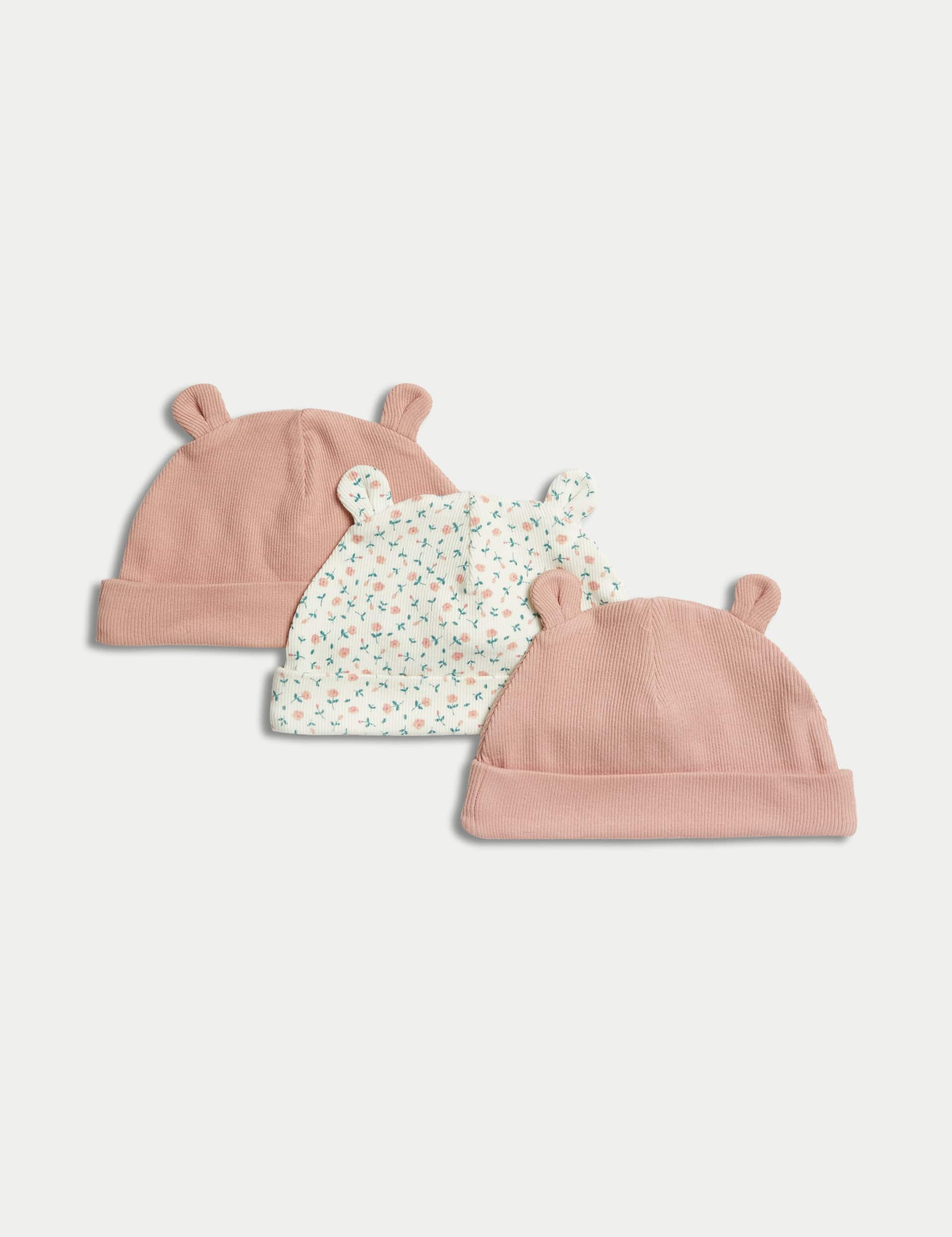 M&S Girls 3pk Cotton Rich Ear Hats (0-1 Yrs) - 1 M - Rose Mix, Rose Mix