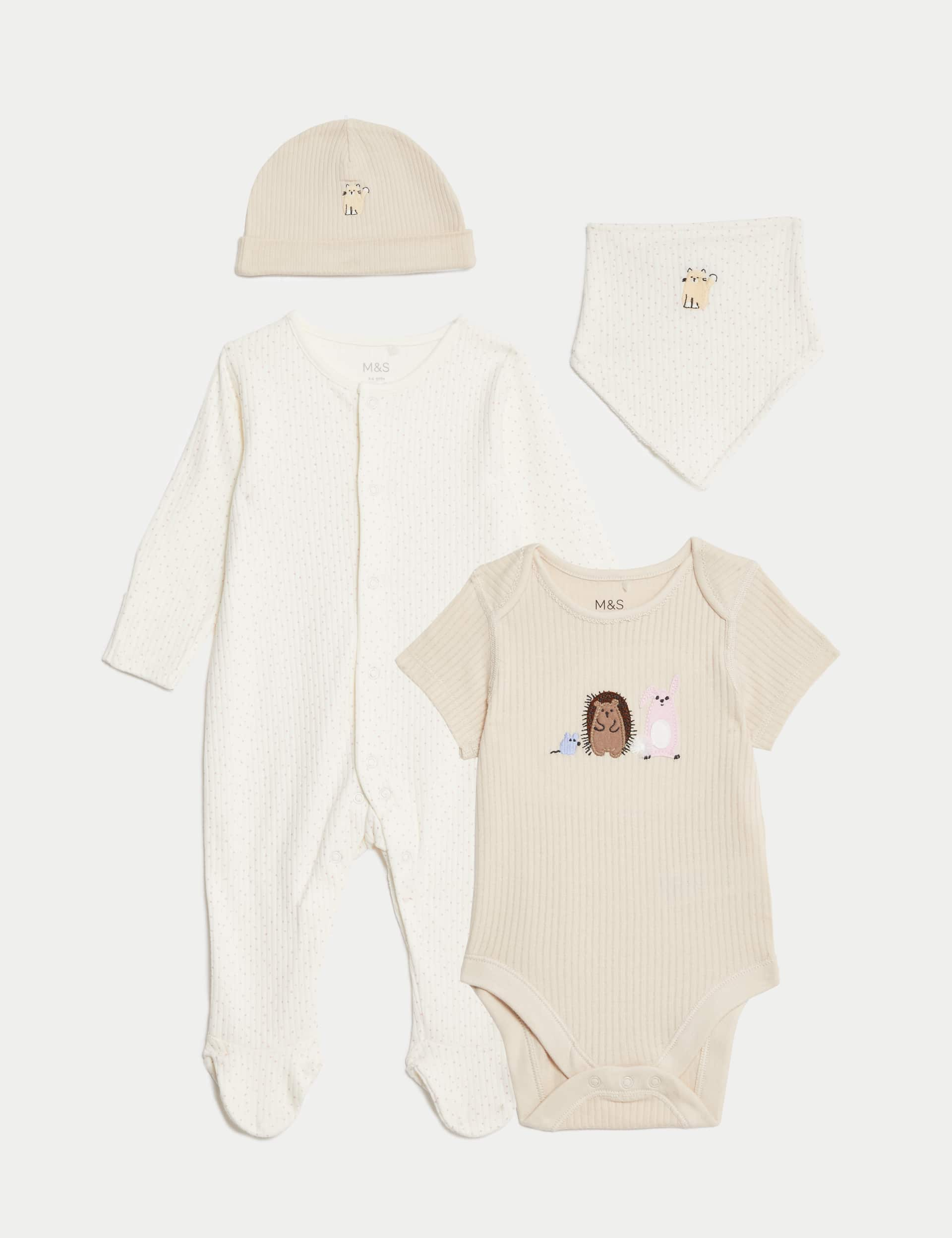 M&S Girls 4pc Pure Cotton Animal Starter Set (7lbs-1 Yrs) - 0-3 M - Calico Mix, Calico Mix