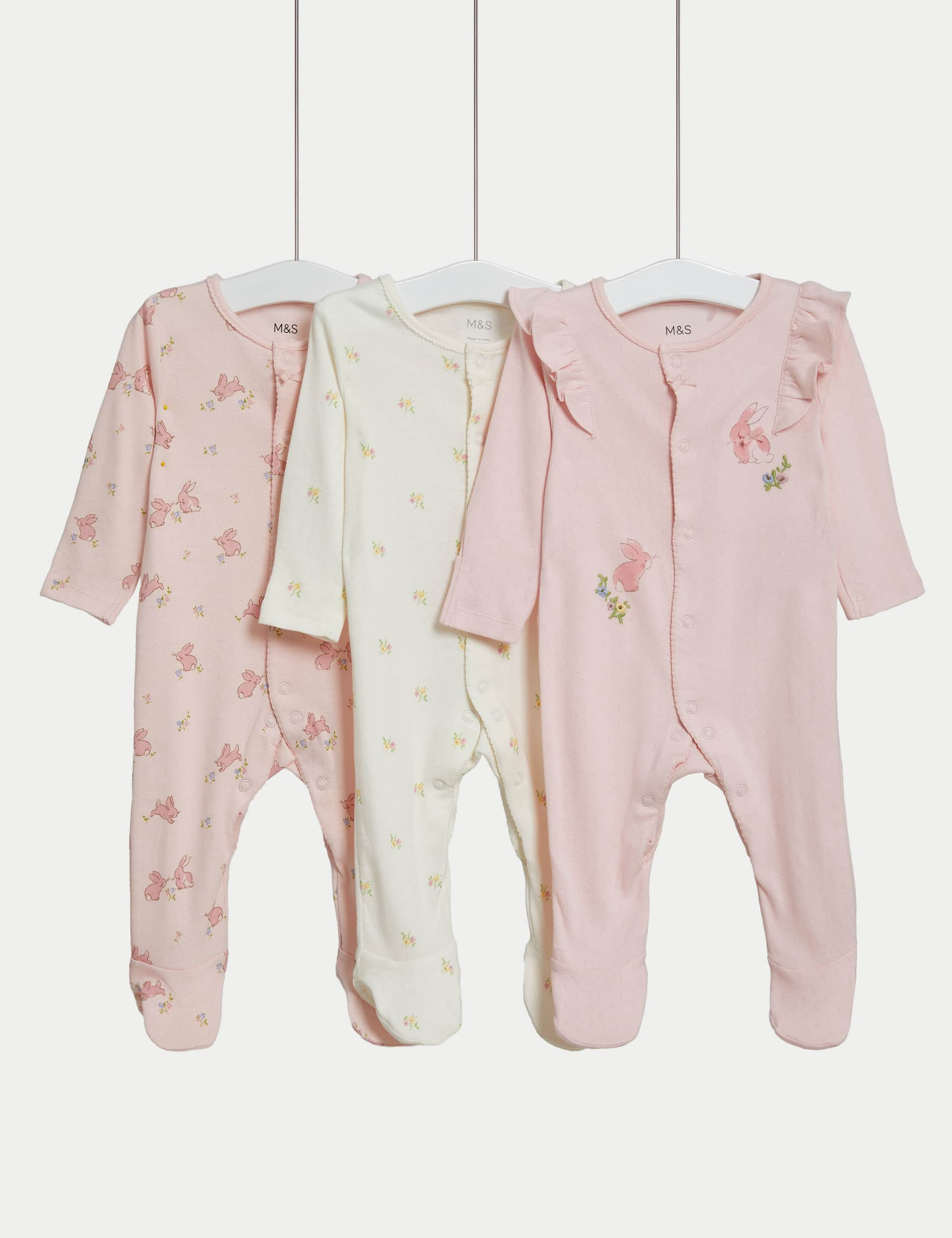 M&S Girls 3pk Pure Cotton Bunny & Floral Sleepsuits (6lbs-3 Yrs) - TINY - Pale Pink Mix, Pale Pink 