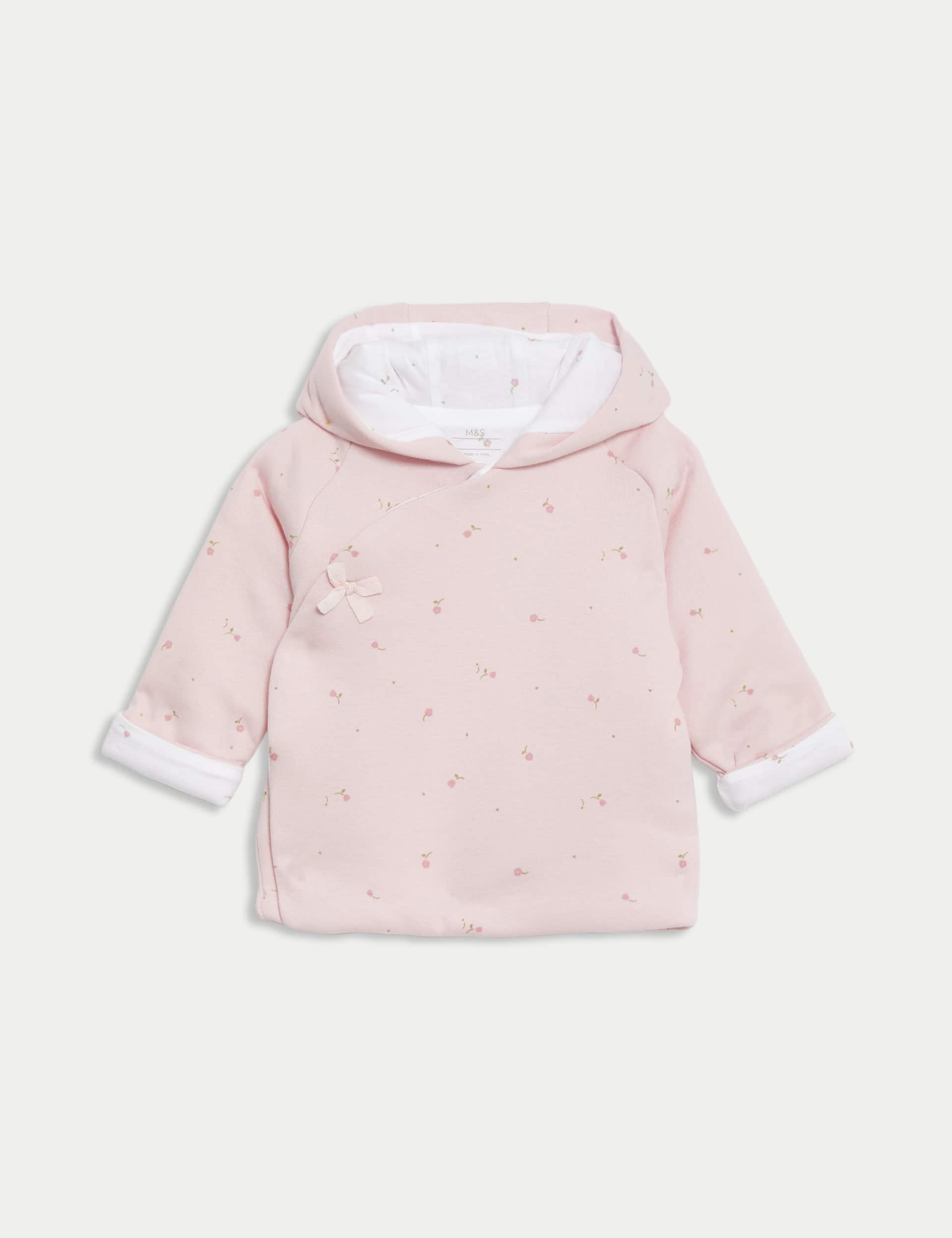 M&S Girls Pure Cotton Floral Hooded Jacket (7lbs-1 Yrs) - 1 M - Pink, Pink