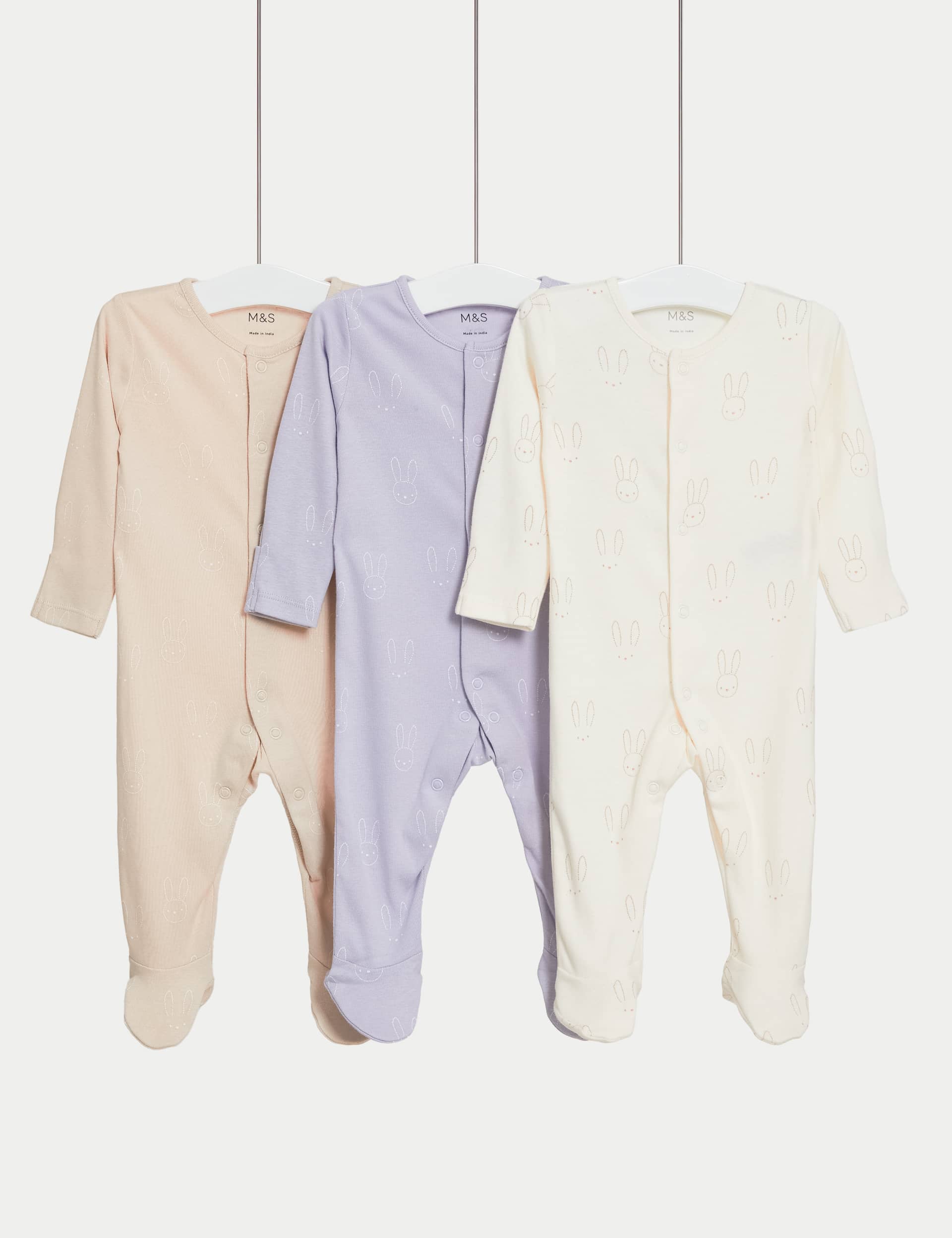 M&S Girls 3pk Pure Cotton Bunny Sleepsuits (6lbs-3 Yrs) - 2-3Y - Calico Mix, Calico Mix