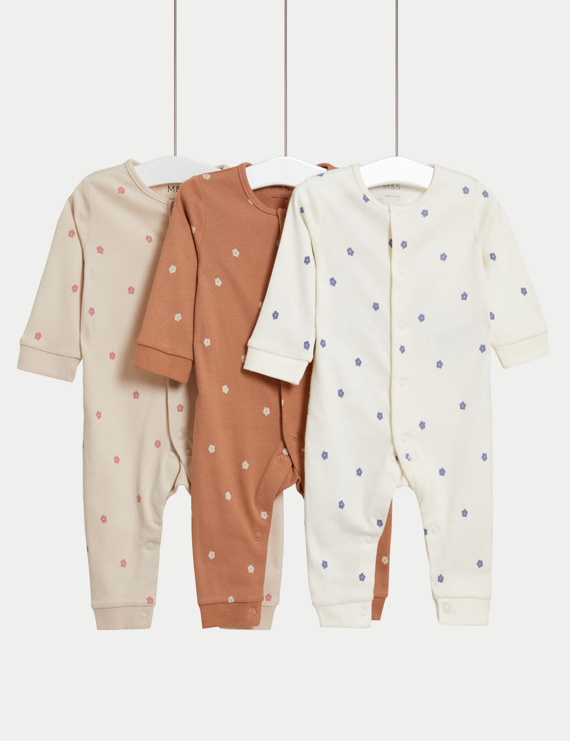 M&S Girls 3pk Pure Cotton Flower Sleepsuits (6lbs-3 Yrs) - 12-18 - Sandstone, Sandstone