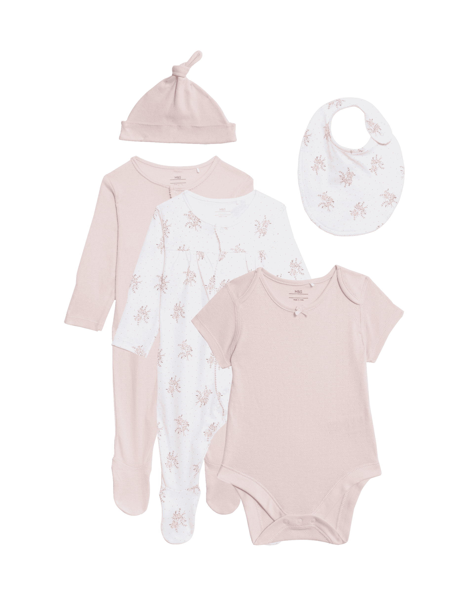 M&S Collection Girls 5pc Pure Cotton Floral Starter Set (7lbs - 9 Mths) - 0-3 M - Pink Mix, Pink Mix