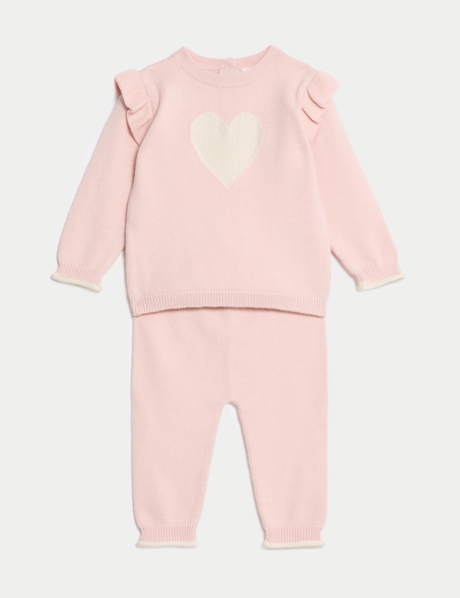 M&S Girls 2pc Knitted Heart Outfit (7lbs-1 Yrs) - 0-3 M - Pink, Pink