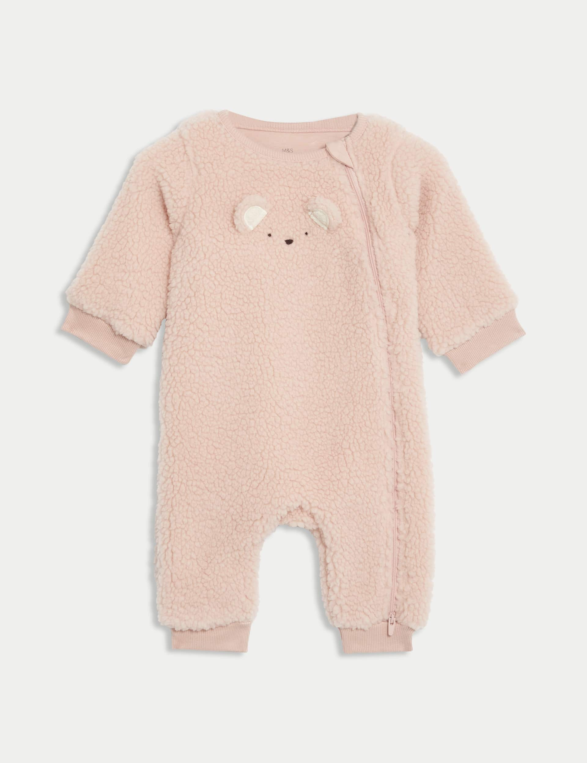 M&S Girls Fleece Bear Face Sleepsuit (7lbs-3 Yrs) - 9-12M - Pink Mix, Pink Mix,Cream Mix