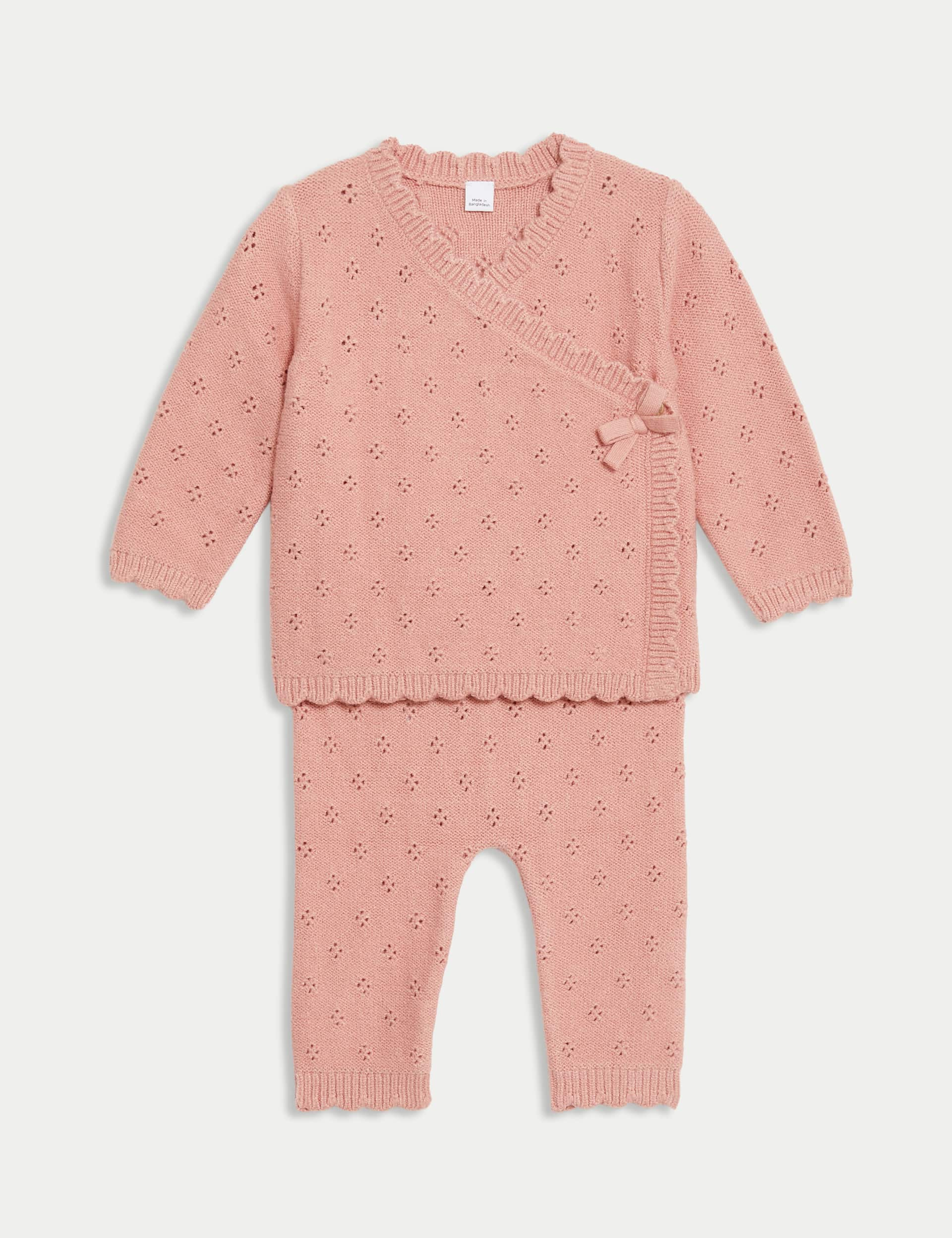 M&S Girls 2pc Pointelle Knitted Outfit (7lbs-12 Mths) - 0-3 M - Pink, Pink