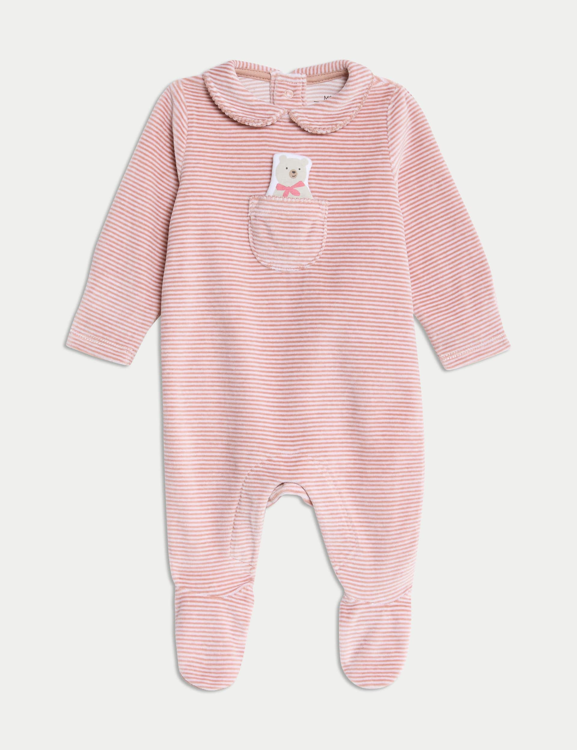 M&S Girls Velour Striped Bear Sleepsuit (0-12 Mths) - 1 M - Pink, Pink