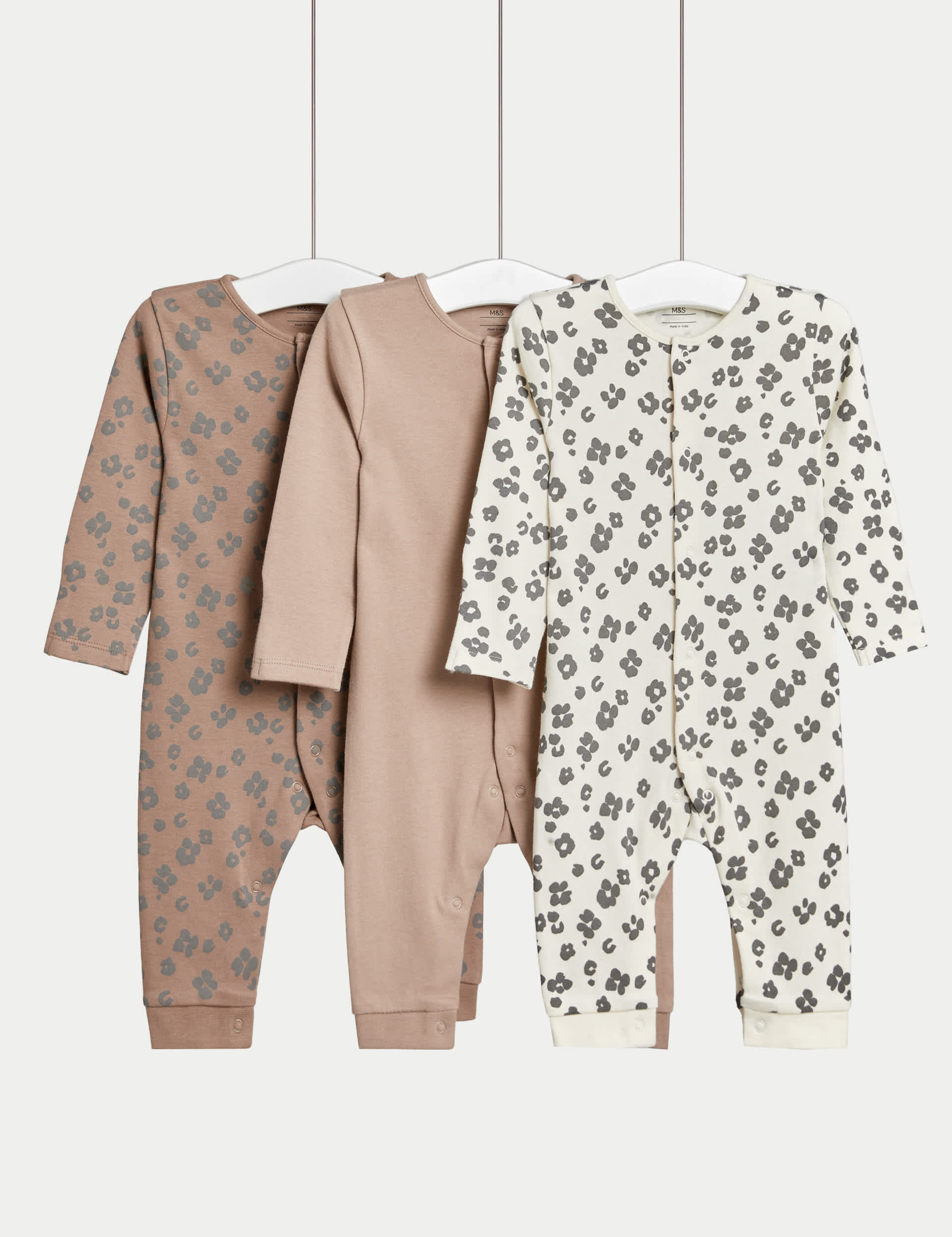 M&S 3pk Pure Cotton Leopard Print Sleepsuits (6lbs-3 Yrs) - 3-6 M - Multi, Multi