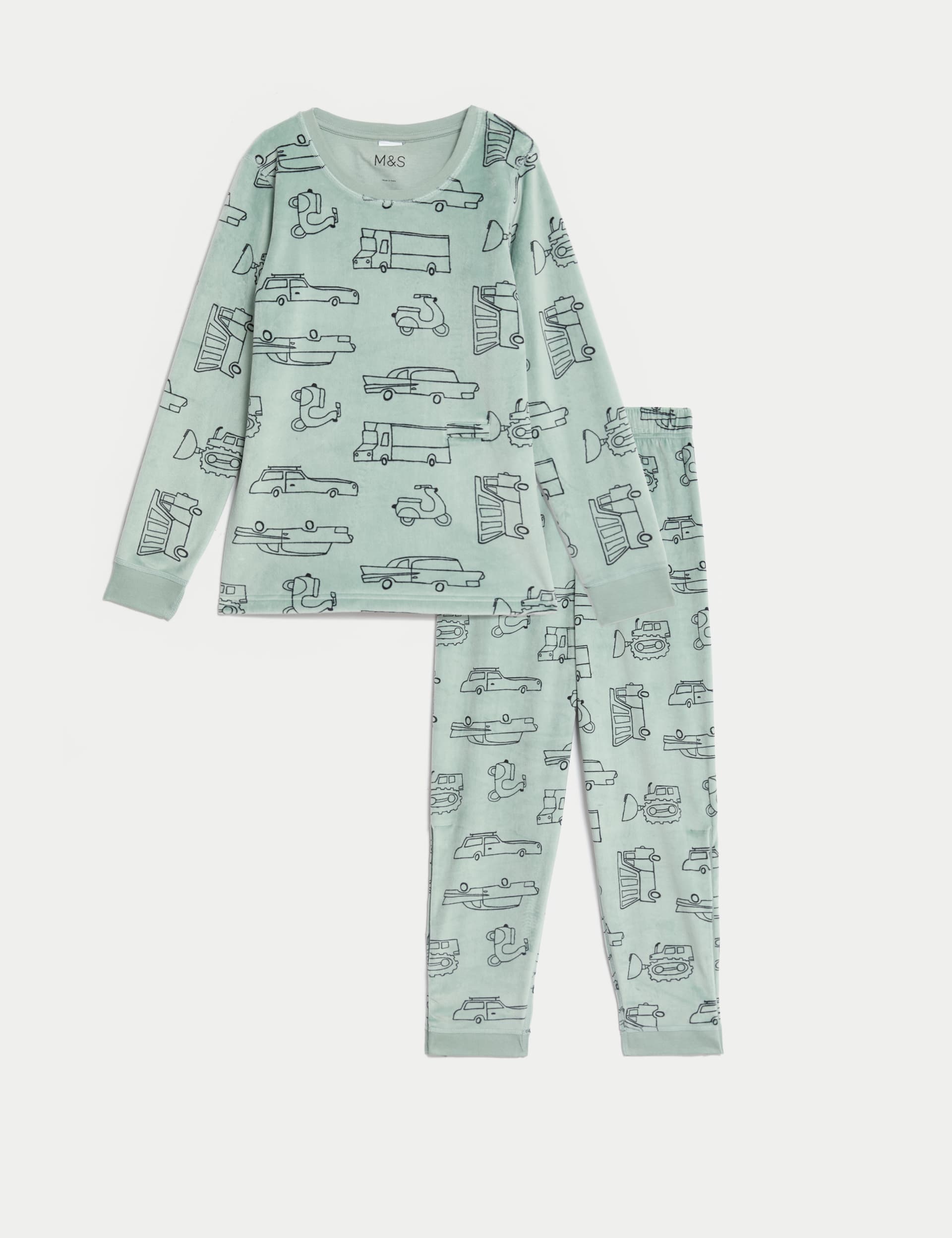 M&S Boys Adaptive Velour Transport Print Pyjamas (1-16 Yrs) - 6-7 Y - Green Mix, Green Mix