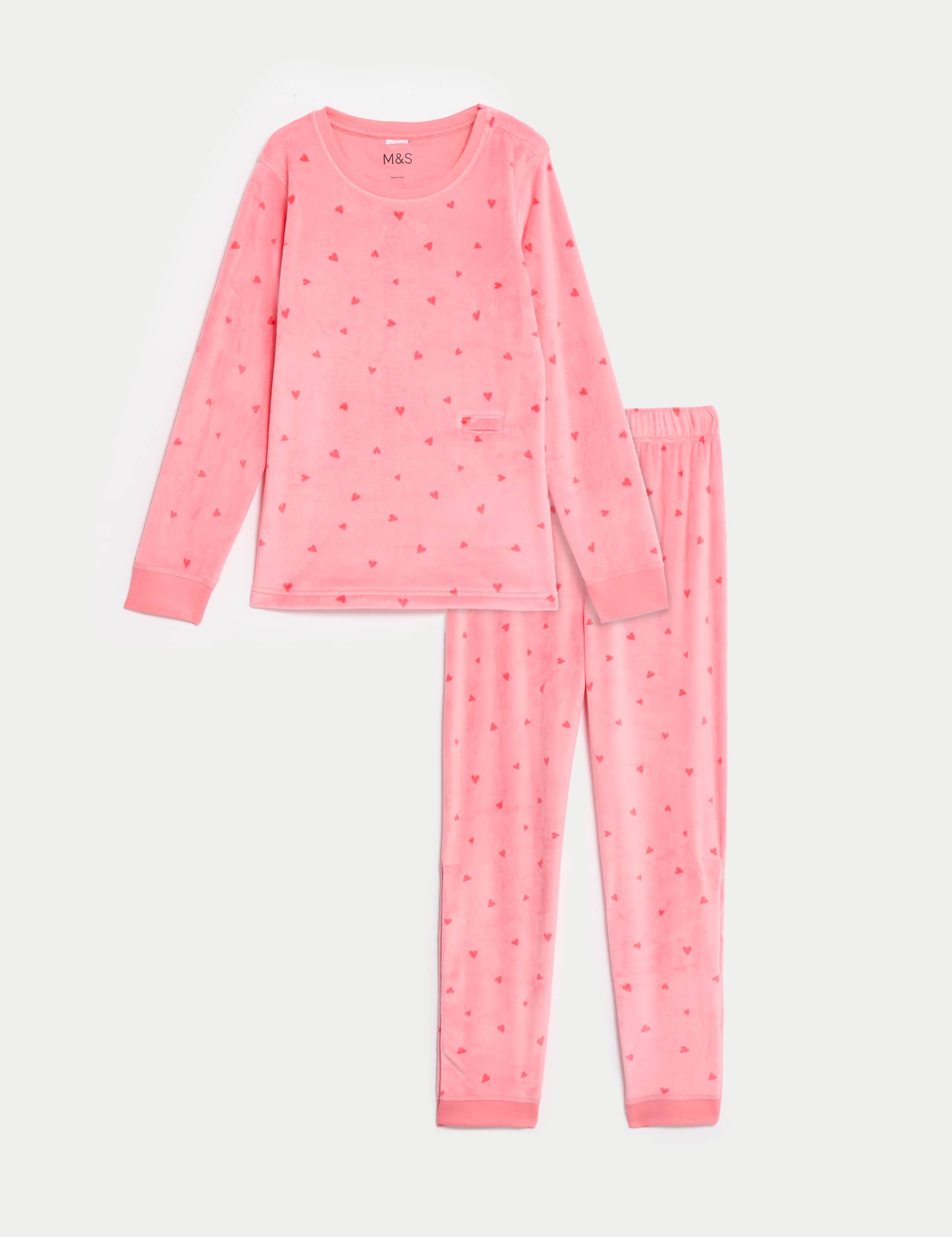 M&S Girls Adaptive Heart Print Velour Pyjamas (1-16 Yrs) - 4-5 Y - Pink Mix, Pink Mix