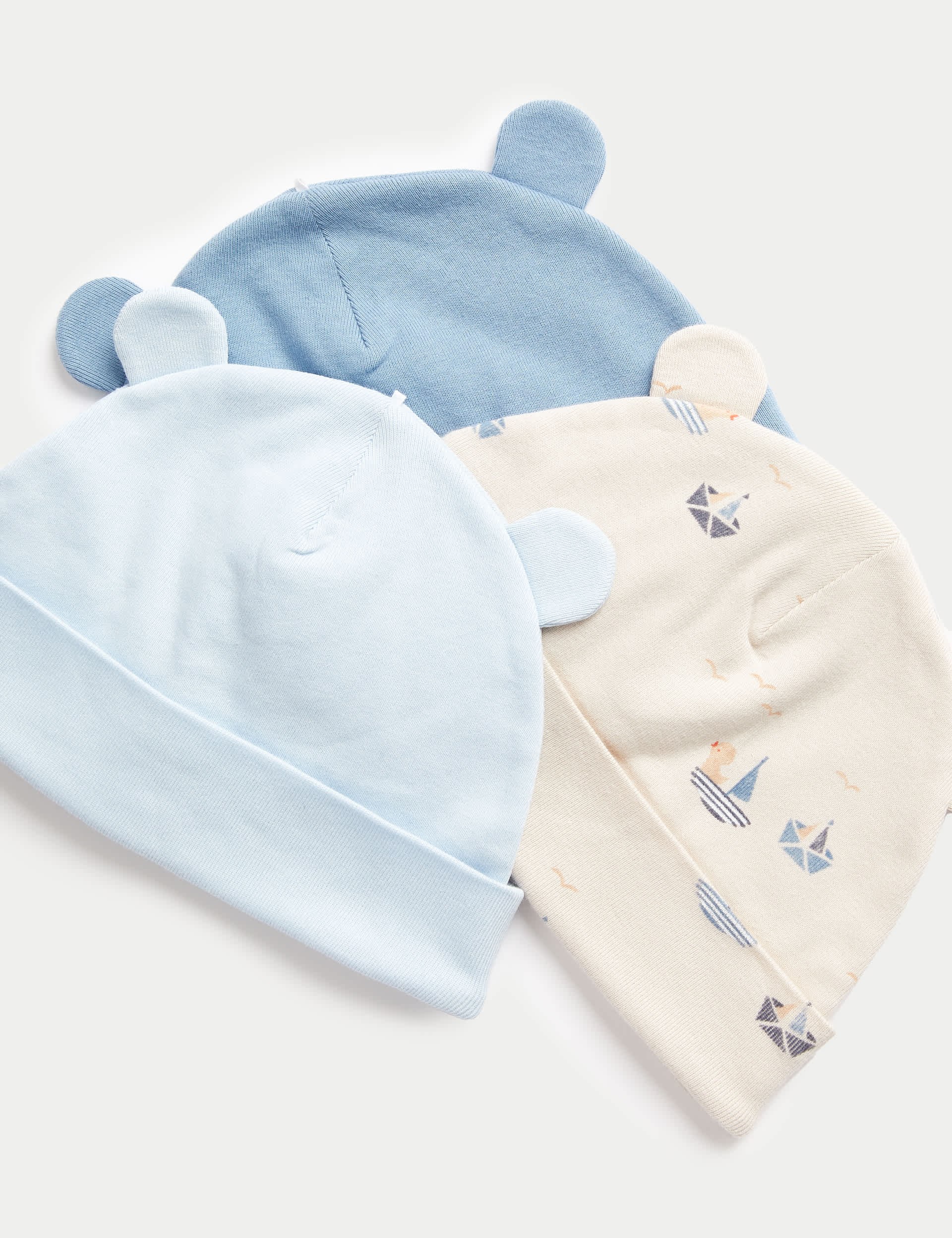 M&S Collection Boys 3pk Pure Cotton Floral Hats (0-1 Yrs) - 1 M - Blue Mix, Blue Mix