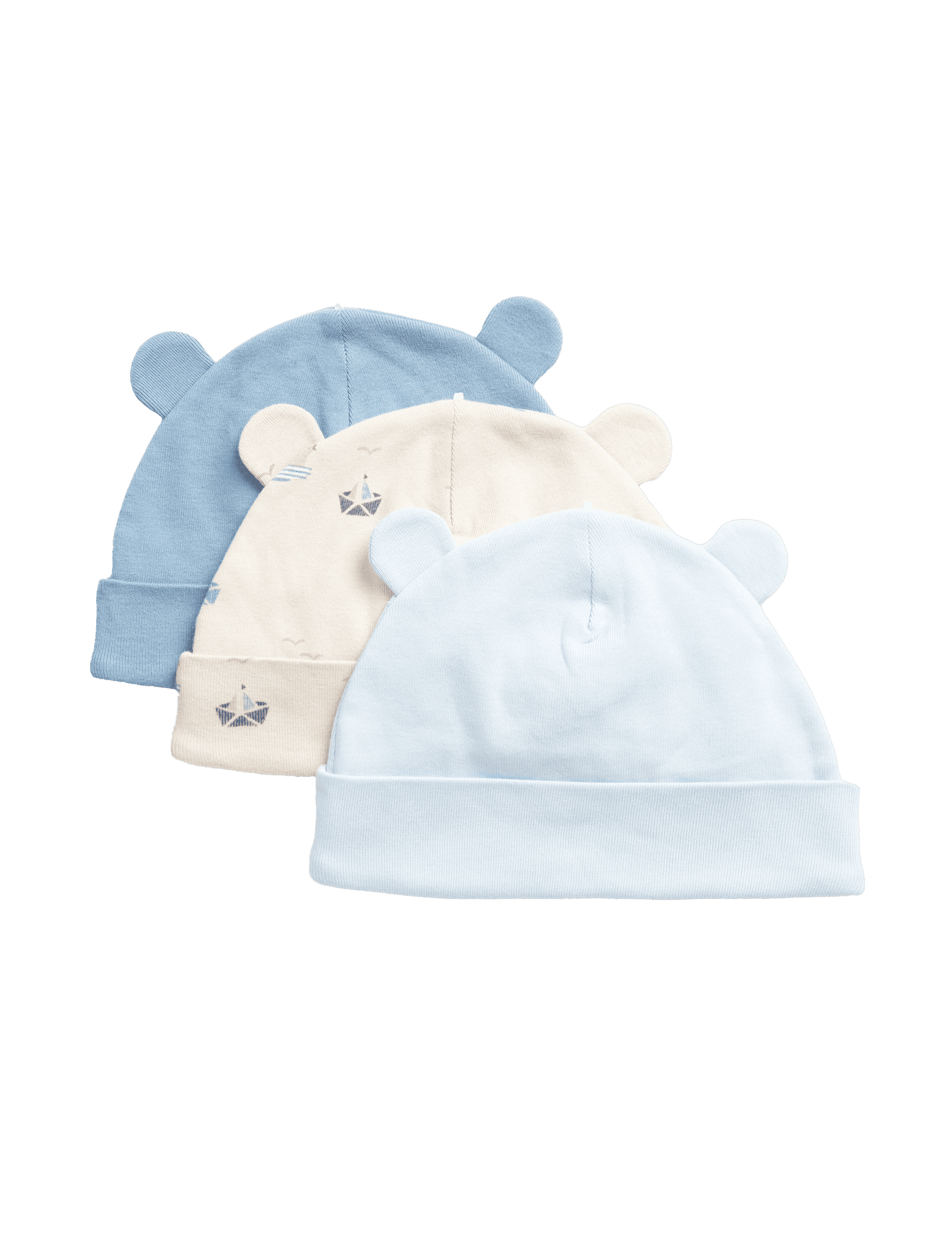 M&S Collection Boys 3pk Pure Cotton Floral Hats (0-1 Yrs) - 1 M - Blue Mix, Blue Mix