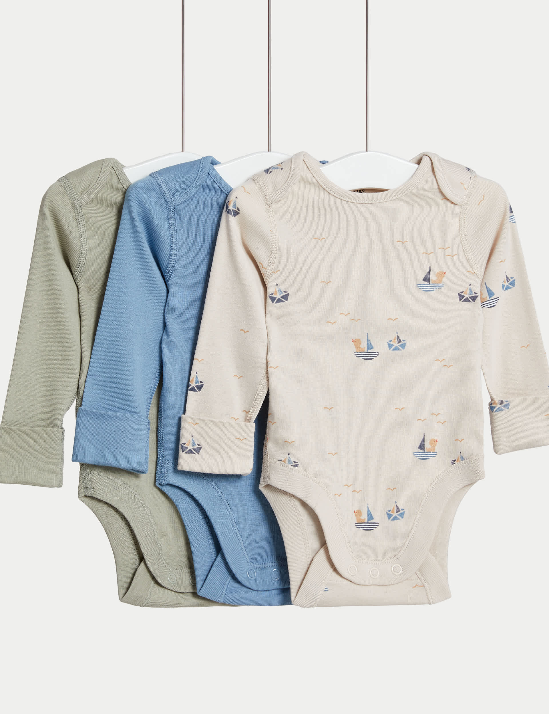 M&S Boys 3pk Pure Cotton Plain & Boat Bodysuits (6lbs-3 Yrs) - 2-3Y - Blue Mix, Blue Mix