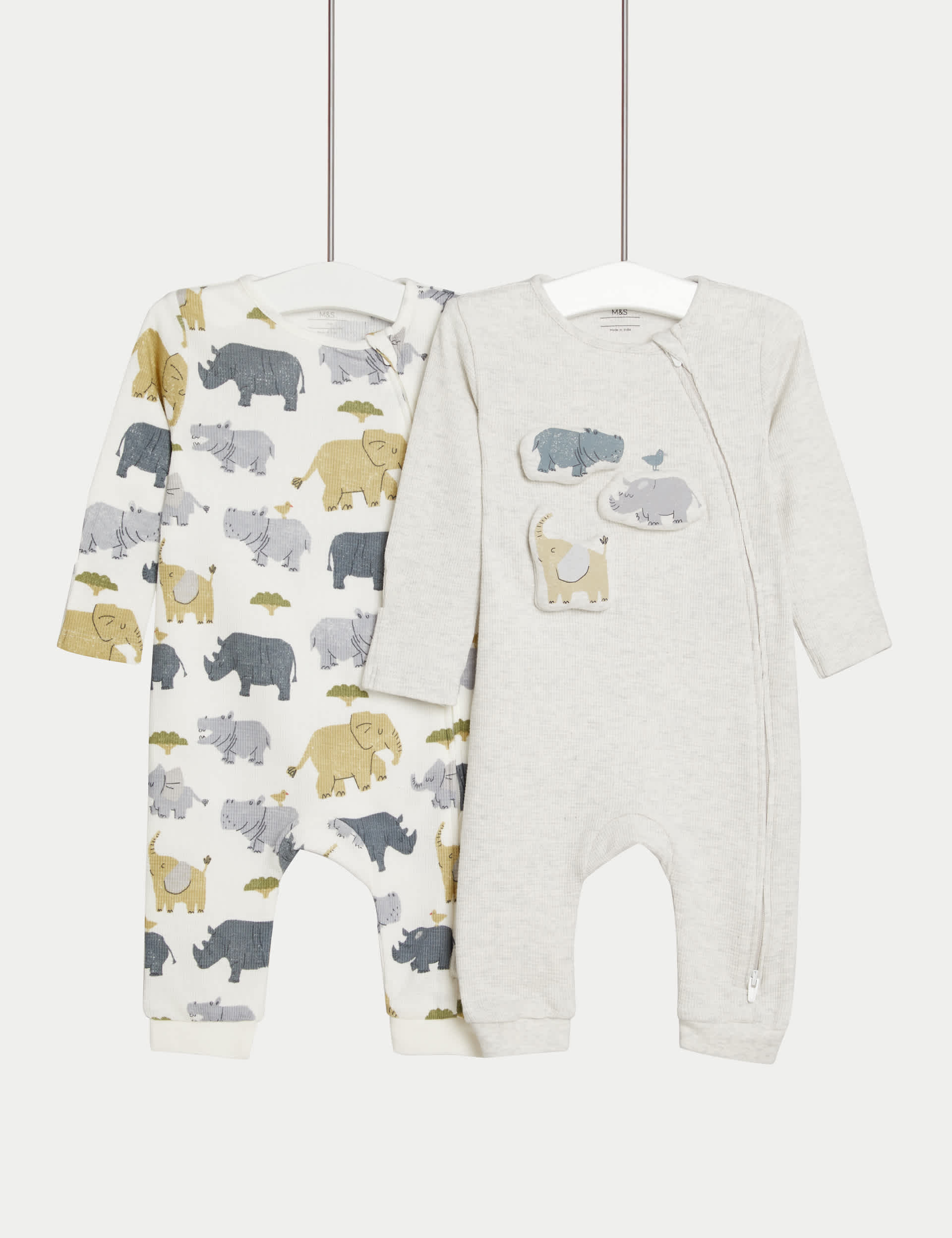 M&S Boys 2pk Pure Cotton Animal Sleepsuits (0-3 Yrs) - 0-3 M - Grey Mix, Grey Mix