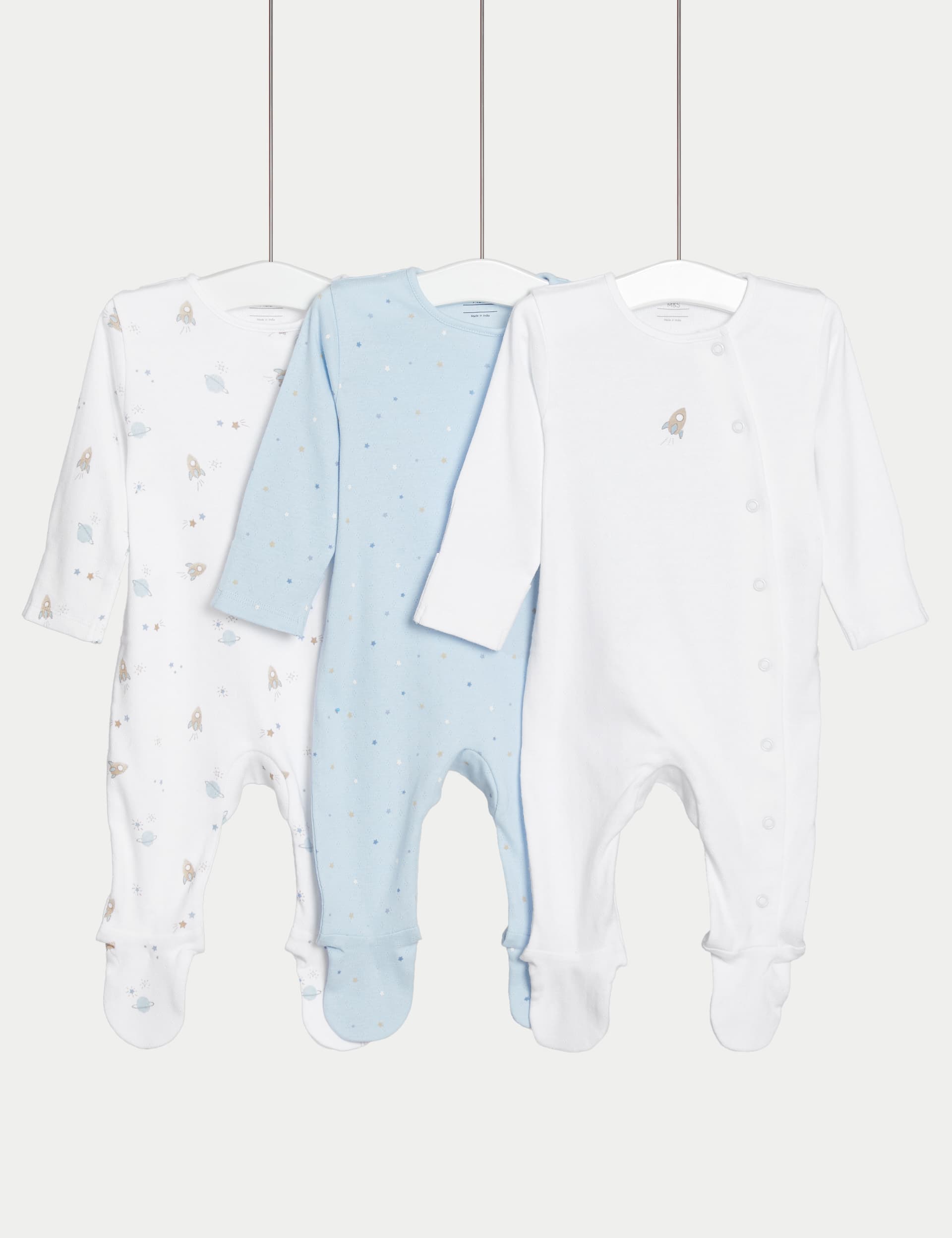 M&S Boys 3pk Pure Cotton Rocket & Star Sleepsuits (6lbs-3 Yrs) - 0-3 M - Blue/White, Blue/White