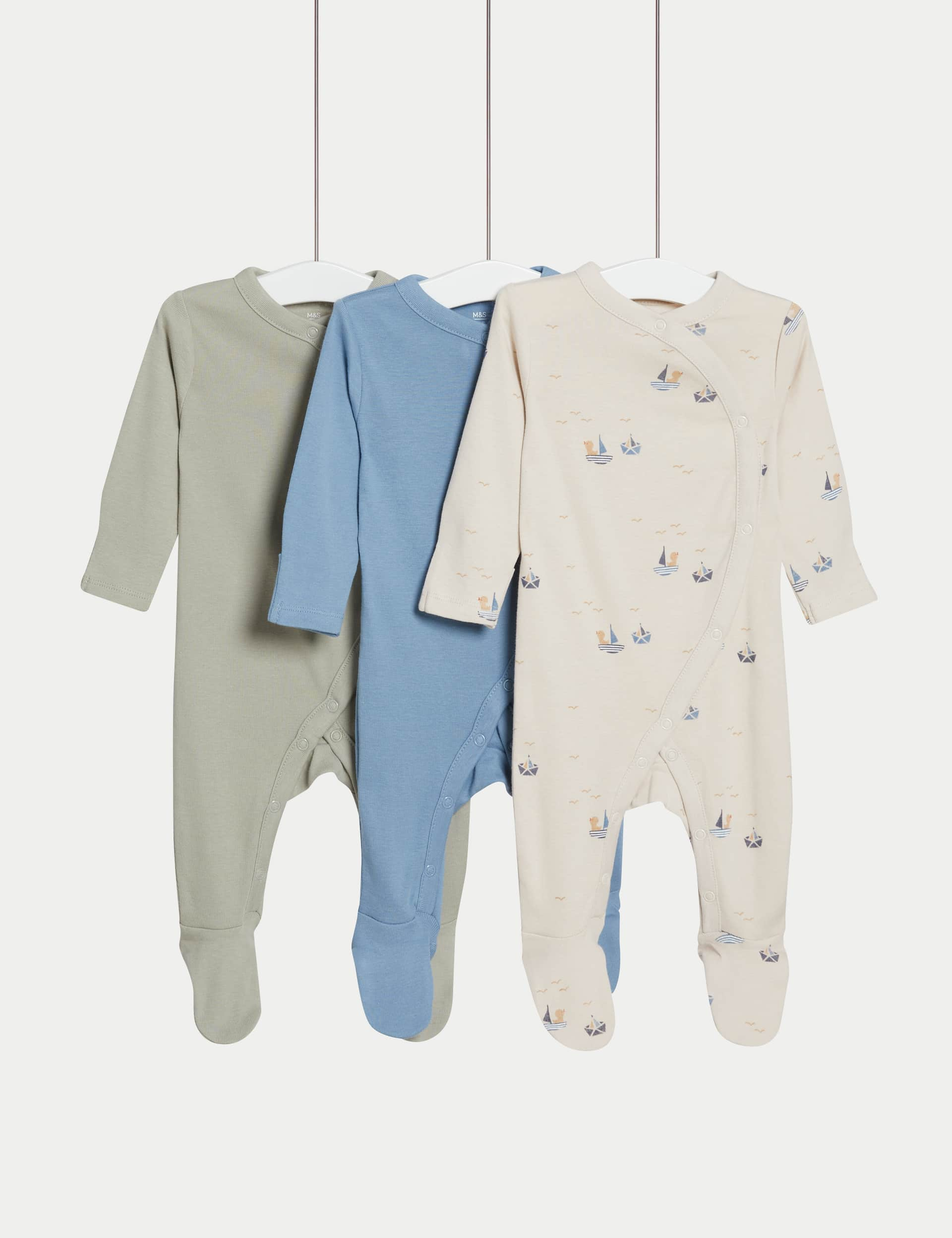 M&S Boys 3pk Pure Cotton Nautical & Plain Sleepsuits (6lbs-3 Yrs) - 0-3 M - Blue Mix, Blue Mix