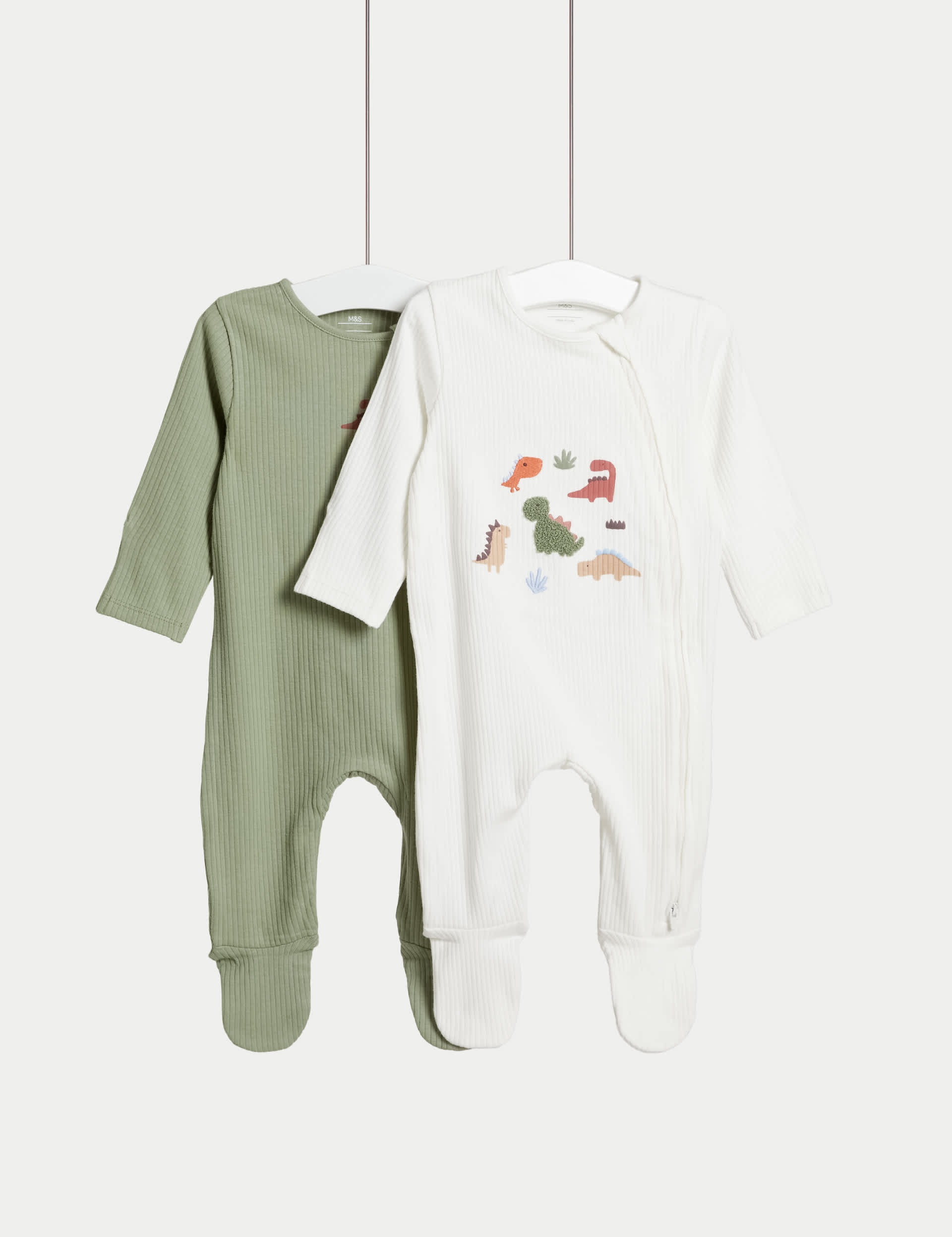 M&S Boys 2pk Cotton Rich Dinosaur Sleepsuits (6lbs - 3 Yrs) - TINY - Cream Mix, Cream Mix