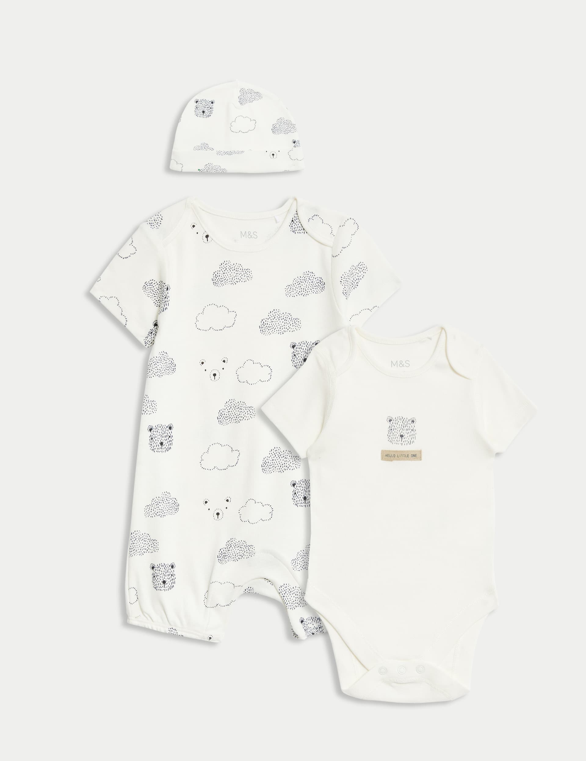 M&S Boys 3pc Pure Cotton Bear Print Romper Set (7lbs-1 Yrs) - 9-12M - Ecru Mix, Ecru Mix