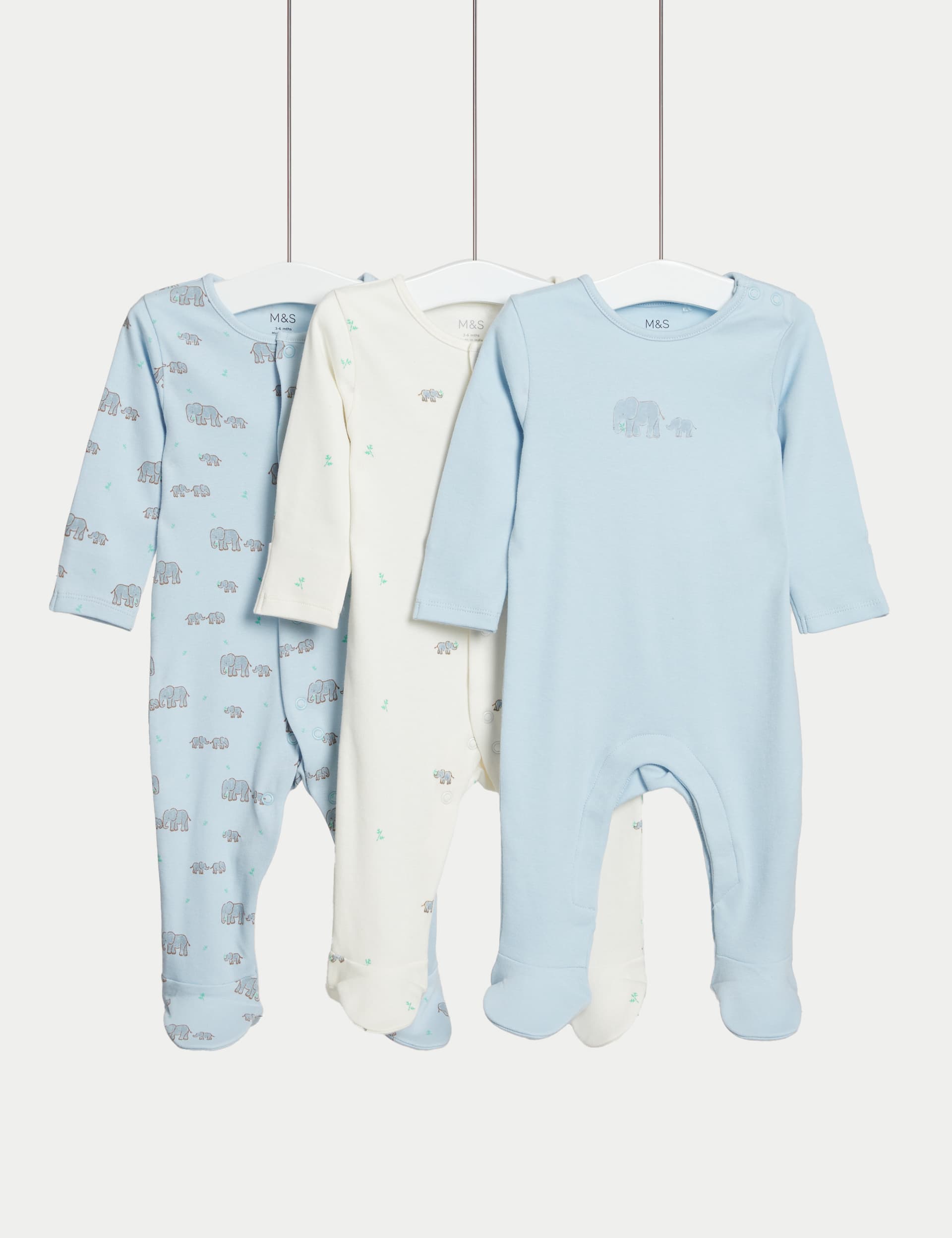 M&S Boys 3pk Pure Cotton Elephant Print Sleepsuits (6lbs-3 Yrs) - NB - Ice Blue, Ice Blue