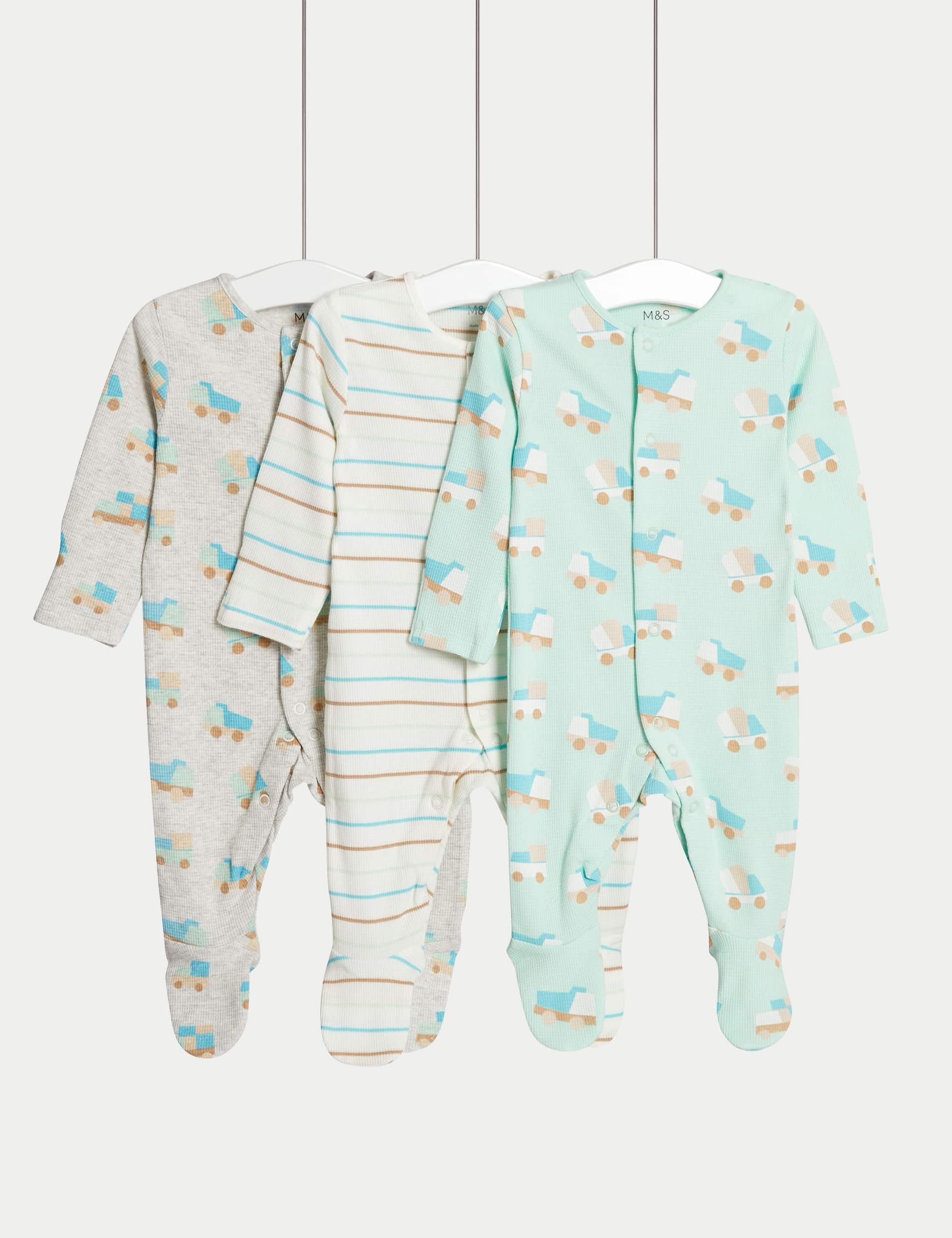 M&S Boys 3pc Pure Cotton Tractor Sleepsuits (6lbs-3 Yrs) - 2-3Y - Green Mix, Green Mix