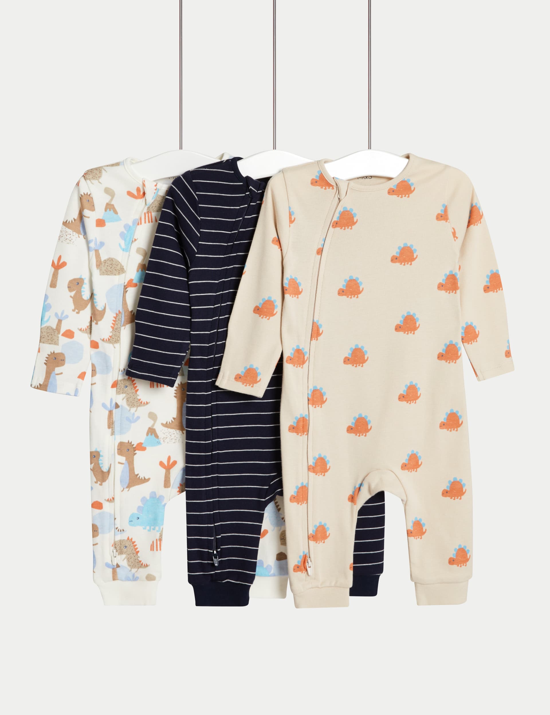 M&S Boys 3pk Pure Cotton Dino & Striped Sleepsuits (6lbs-3 Yrs) - TINY - Navy Mix, Navy Mix