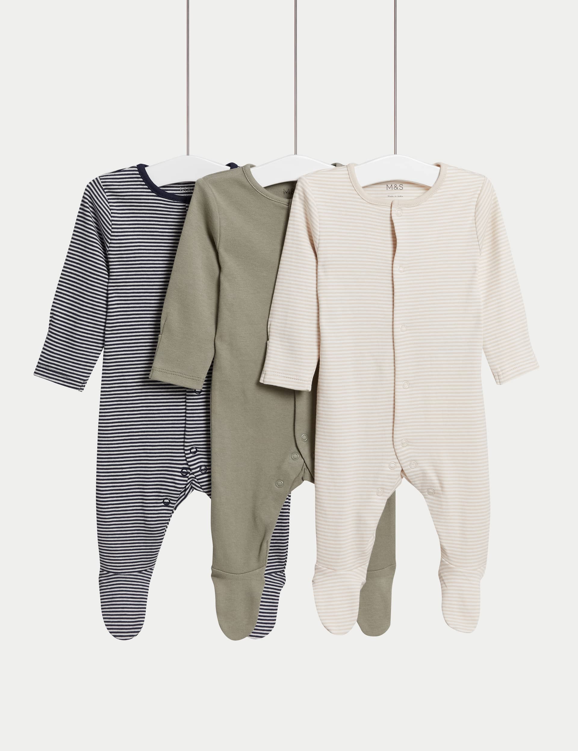 M&S Boys 3pk Pure Cotton Striped Sleepsuits (6lbs-3 Yrs) - 12-18 - Khaki Mix, Khaki Mix