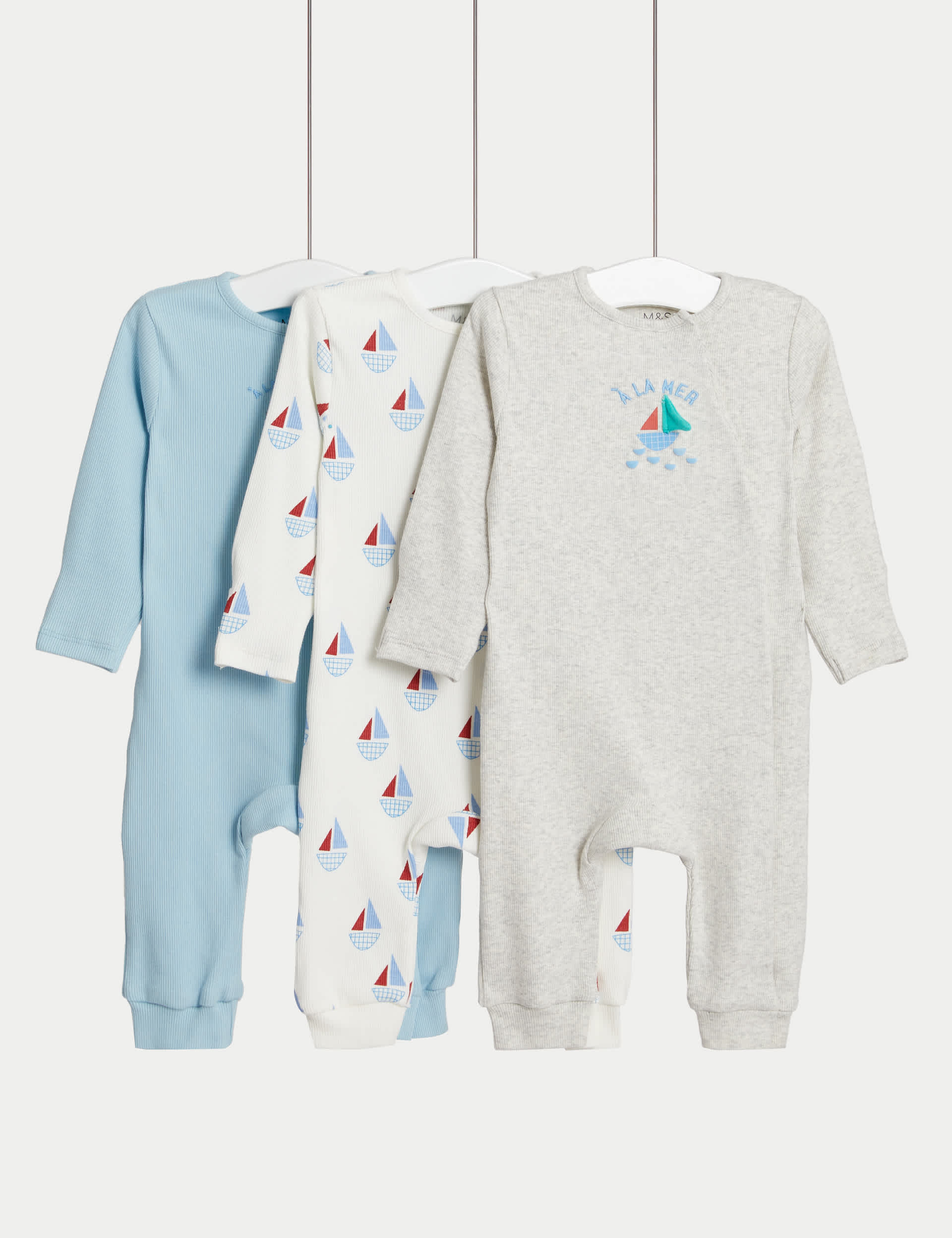 M&S Boys 3pk Cotton Rich Nautical Sleepsuits (6lbs-3 Yrs) - 2-3Y - Blue/Grey, Blue/Grey