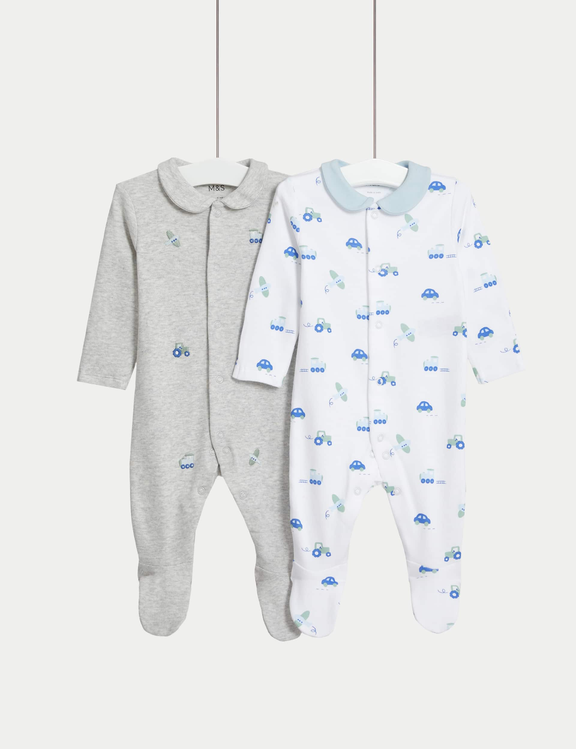 M&S Boys 2pk Pure Cotton Transport Sleepsuits (6lbs-3 Yrs) - 12-18 - Ecru Mix, Ecru Mix