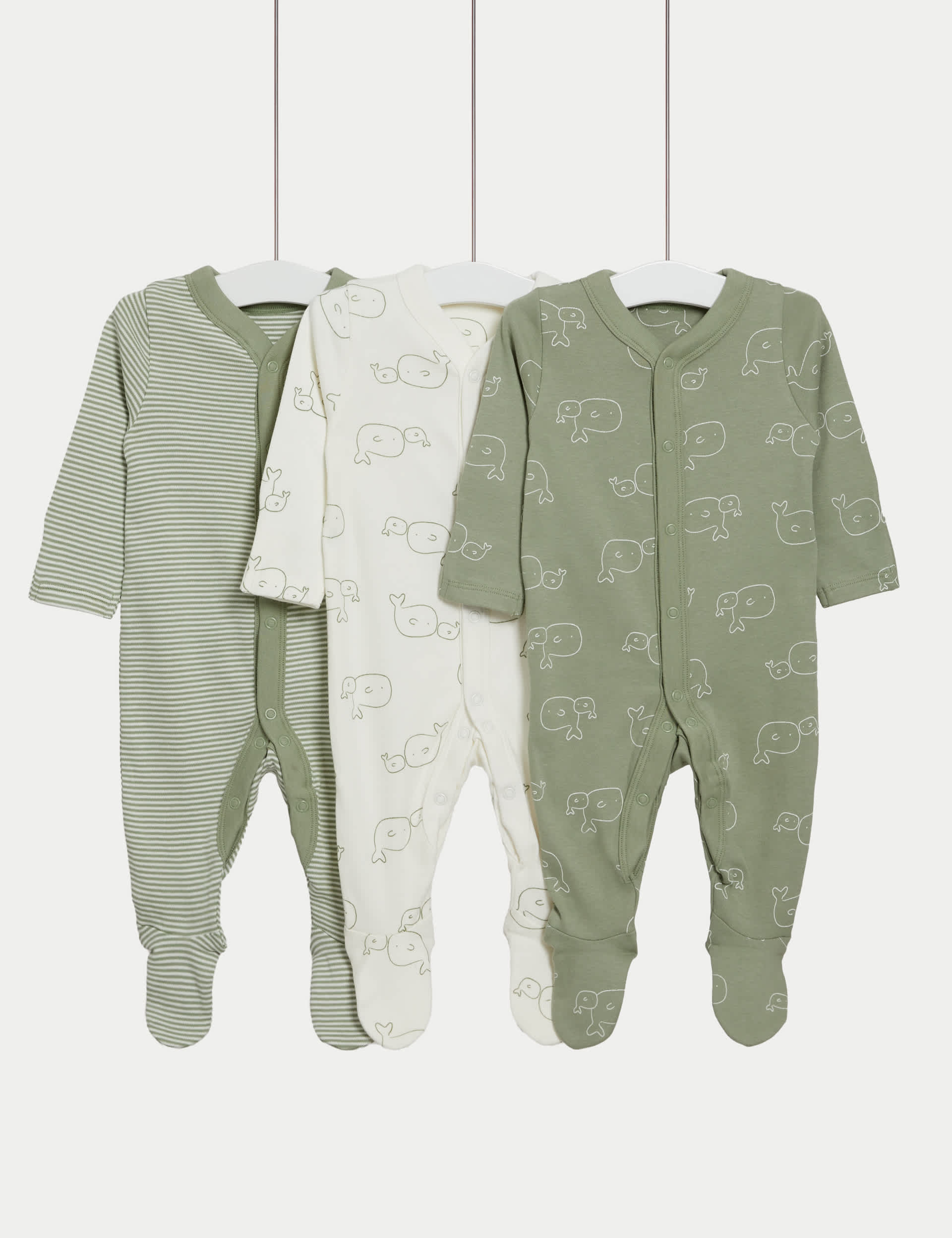 M&S Boys 3pk Pure Cotton Whale & Striped Sleepsuits (5lbs-3 Yrs) - 1 M - Green Mix, Green Mix