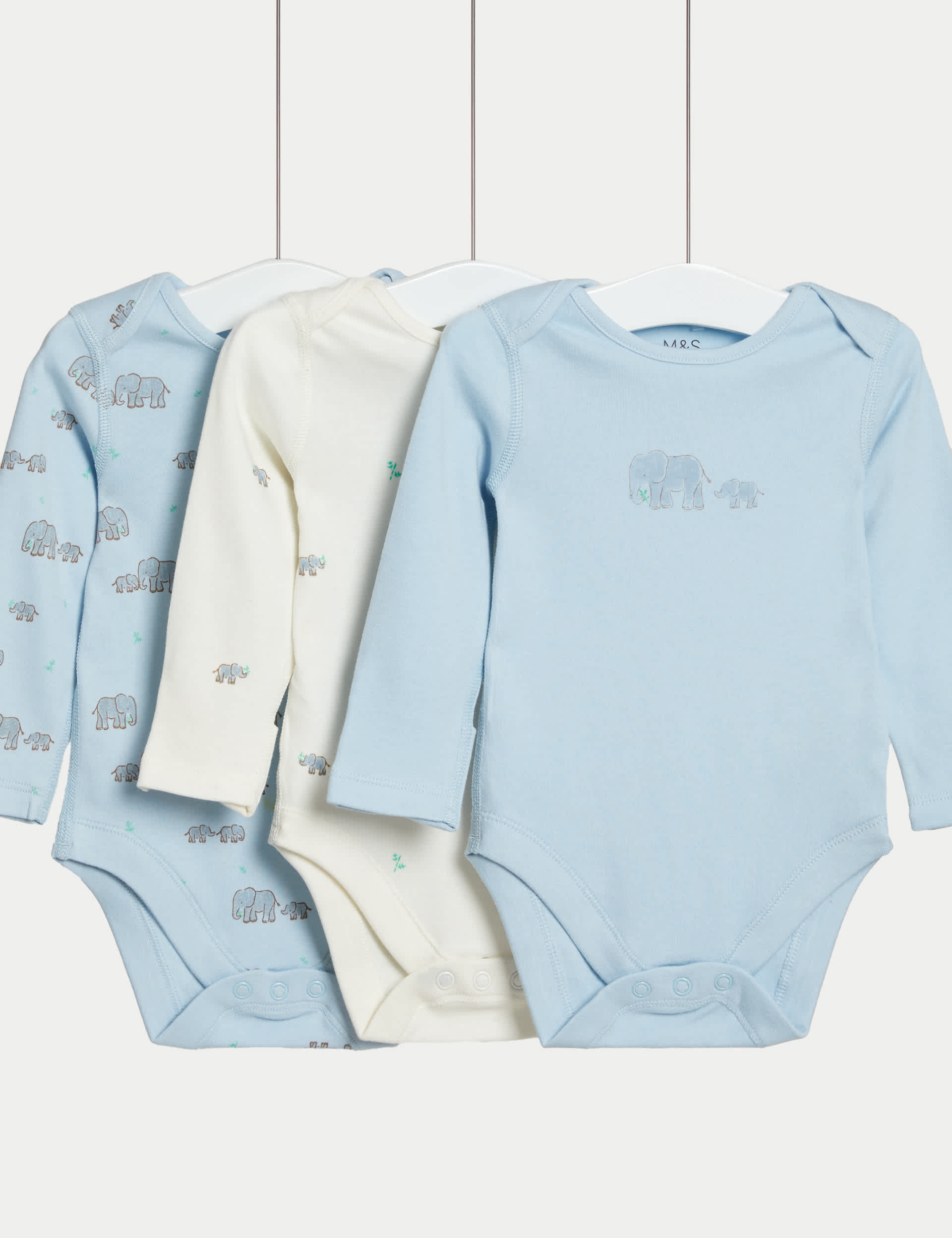 M&S Boys 3pk Pure Cotton Elephant Print Bodysuits (6lbs-3 Yrs) - 18-24 - Ice Blue, Ice Blue